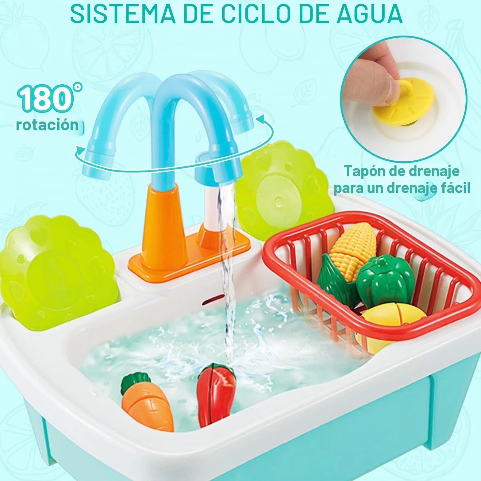 deAO Juego de Fregadero de Cocina 28 Piezas con Simulación de Lavar, Juguetes para Cortar, Utensilios, Grifo y Desagüe