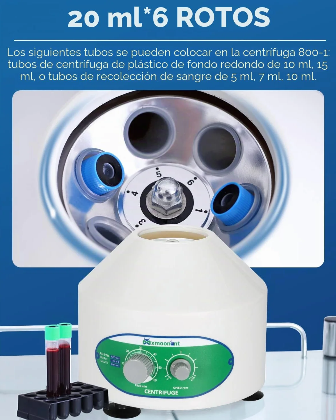 Mxmoonant Centrifugadora de Laboratorio 4000rpm 6x20ml 1790xg 60min Temporizador para Tubos PRP Separación Muestras Enchufe UE
