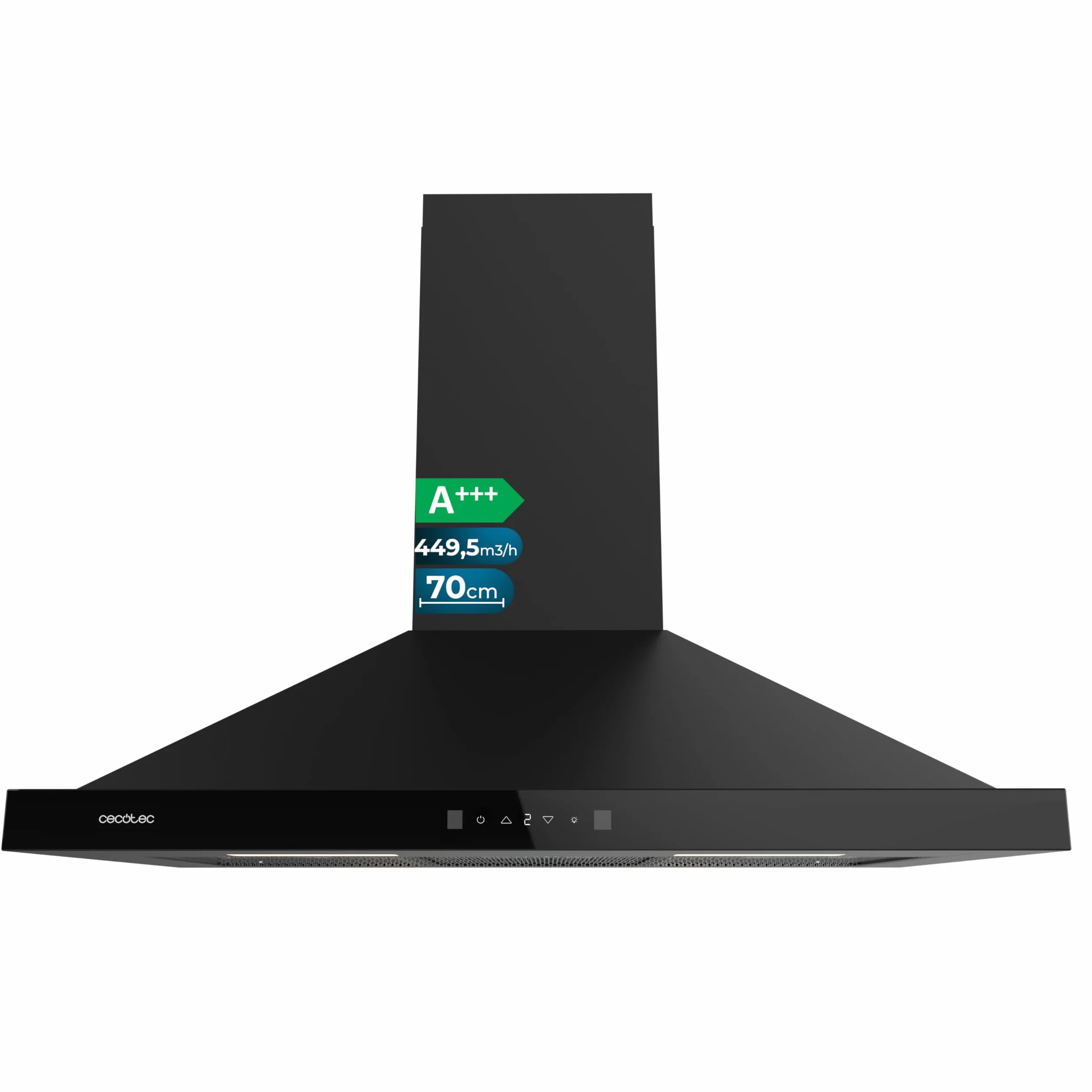 Cecotec Campana Extractora Piramidal 70 cm Bolero Flux PT 704400 Black A+++, Succión 449,5 m³/h, Control Táctil, Booster, Filtros Lavables