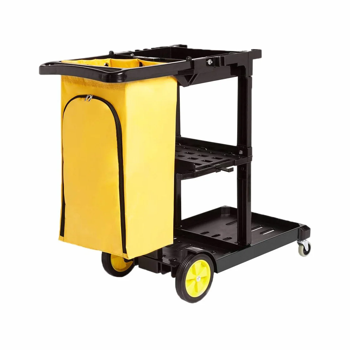 Amazon Basics Carro de limpieza con bolsa con cremallera y 2 estantes, Negro/Amarillo