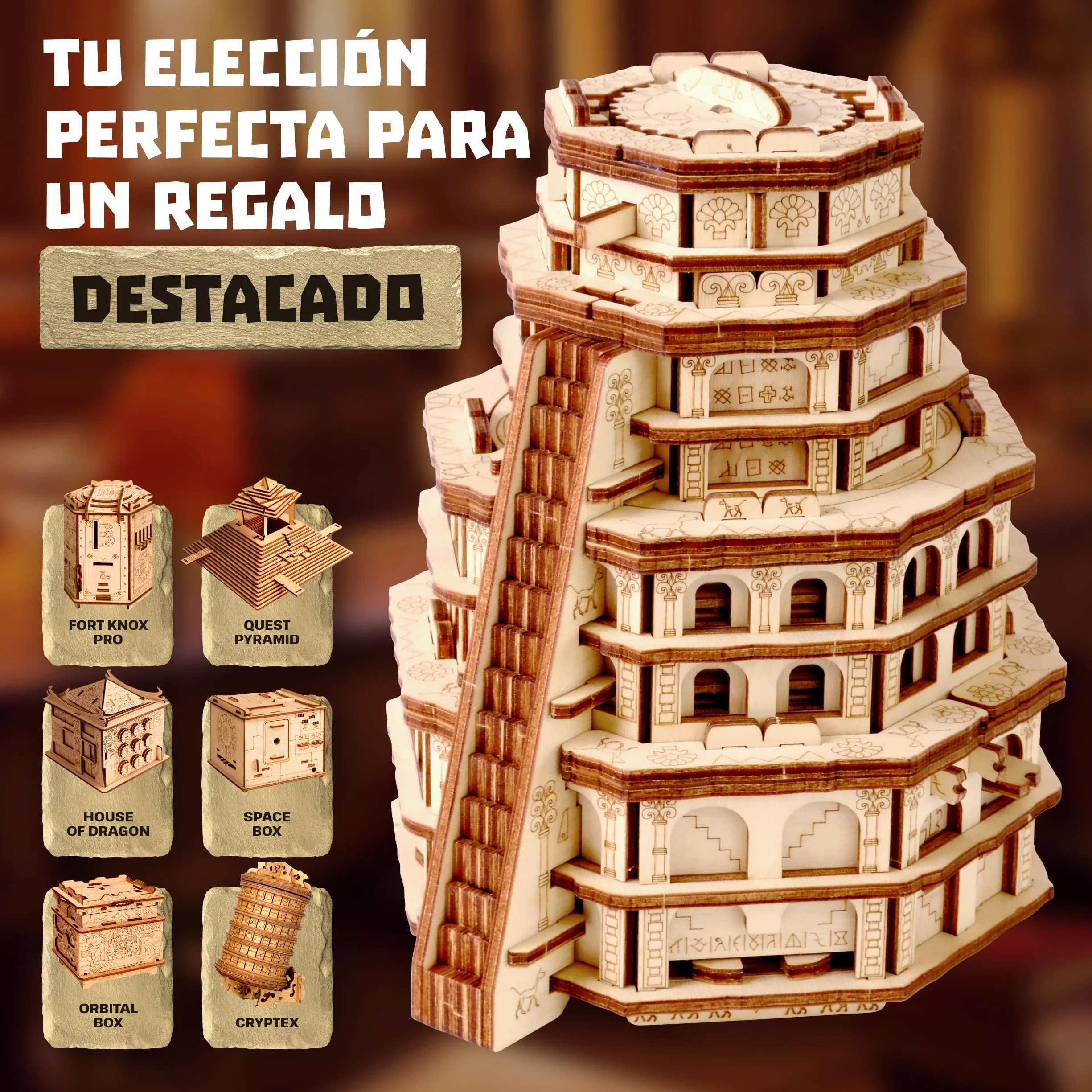 ESC WELT Quest Tower Caja Puzzle de Escape 3D Rompecabezas Desafiante para Adultos Juego Eco-amigable de Madera con Compartimento Oculto