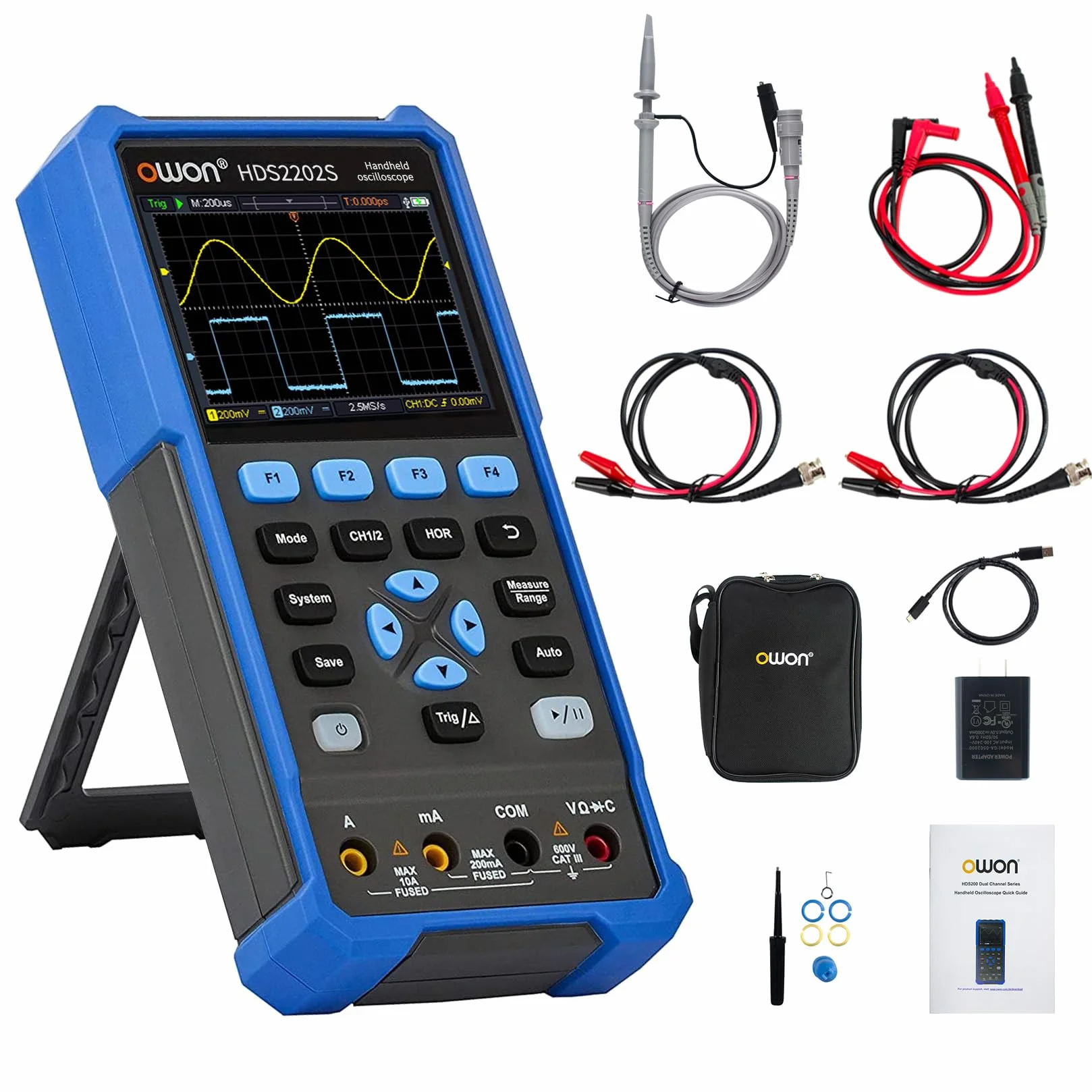 OWON HDS2202S Osciloscopio 3 en 1 Osciloscopio portátil profesional para PC 200 MHz, multímetro digital de 20000 cuentas, pantalla LCD de 3,5 pulgadas, herramienta de prueba universal
