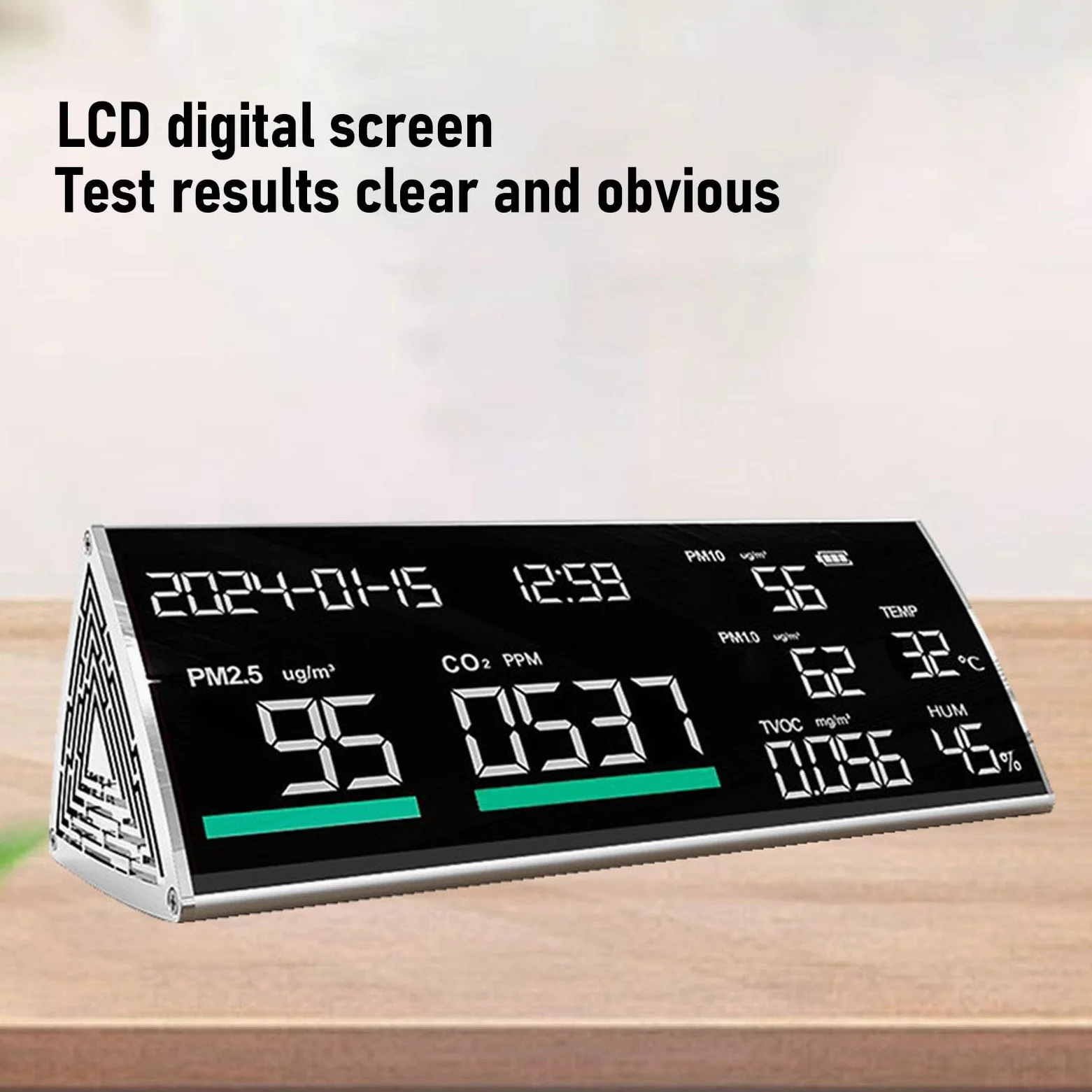 Fockety Monitor de calidad del aire, 9 en 1, de escritorio, con medidor de calidad del aire, PM2.5, PM1.0, PM10, temperatura, humedad, CO2, TVOC, hora y fecha, para casa y hotel