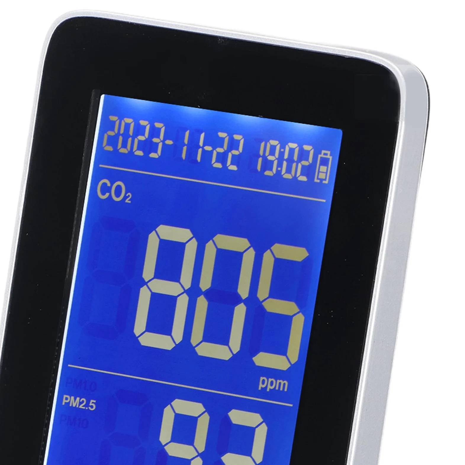 Probador de calidad del aire interior SustVita con tecnología infrarroja NDIR, sensor de partículas PM2.5, detector digital de CO2 y pantalla de temperatura/humedad con batería de