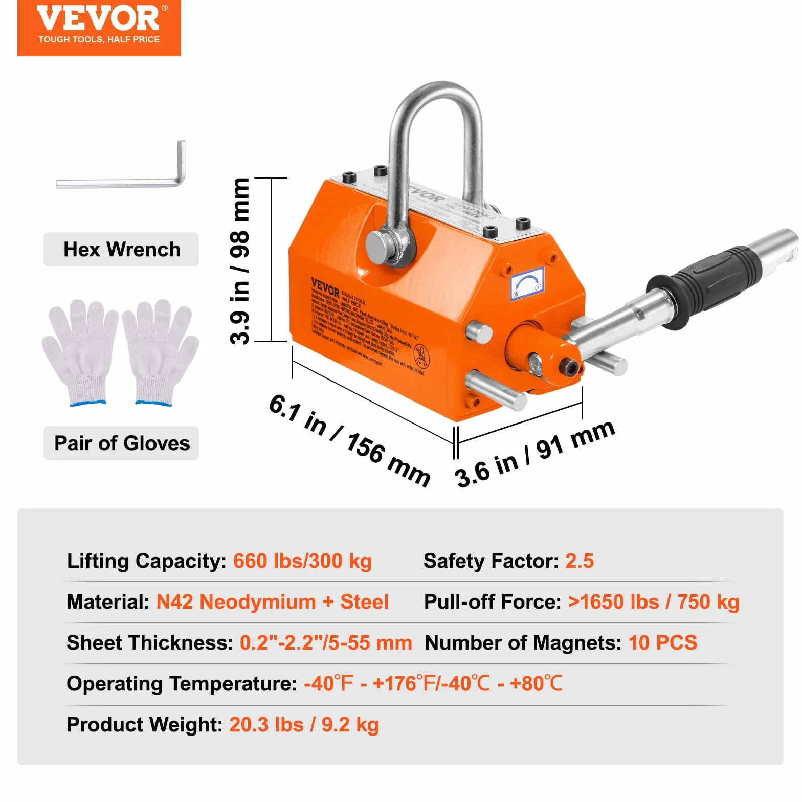 VEVOR Elevador Magnético Permanente 300kg 156x91x98mm Imán de Levantamiento Neodimio N42