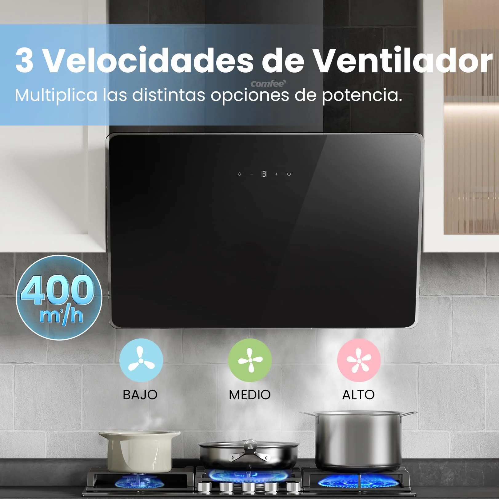 COMFEE' Campana Extractora Inclinada 60cm 400m³/h Vidrio Templado 3 Velocidades Pantalla Táctil LED Negro