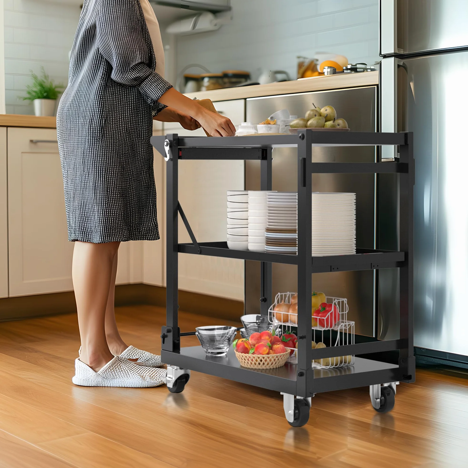WORKPRO Carro de Servicio, 3-en-1 Carrito Plegable con Ruedas, Estantes de Almacenamiento Multifuncionales de Alta Resistencia, para Cocina, Hotel, Taller, Oficina, Almacén y Casa