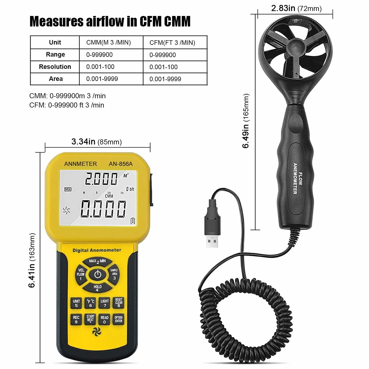 AIOMEST AI-856A Anemómetro Digital Medidor de Flujo CFM