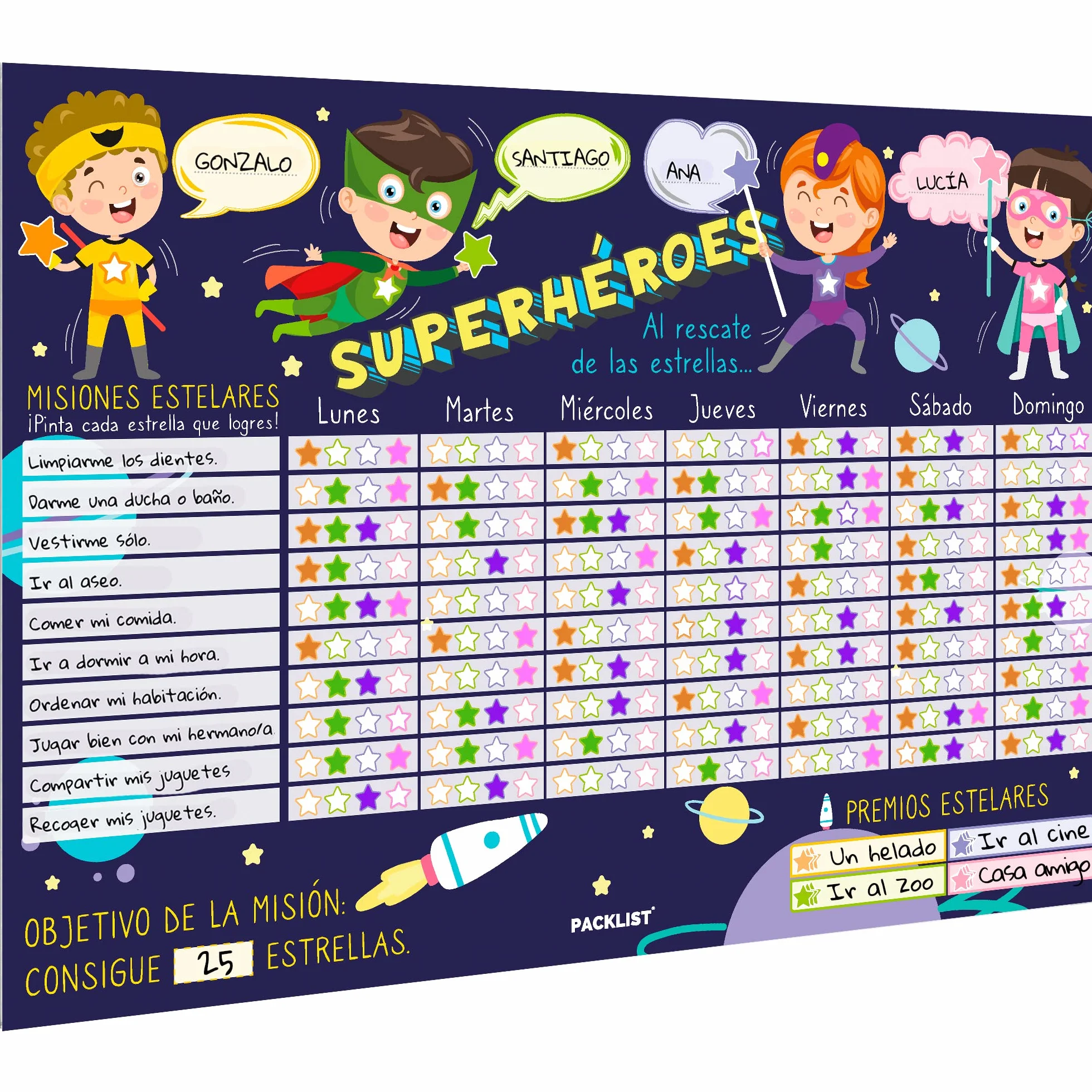 Tabla de Recompensas para Niños en Español - Calendario Semanal Infantil Educativo por Misiones: Superhéroes al Rescate de Estrellas