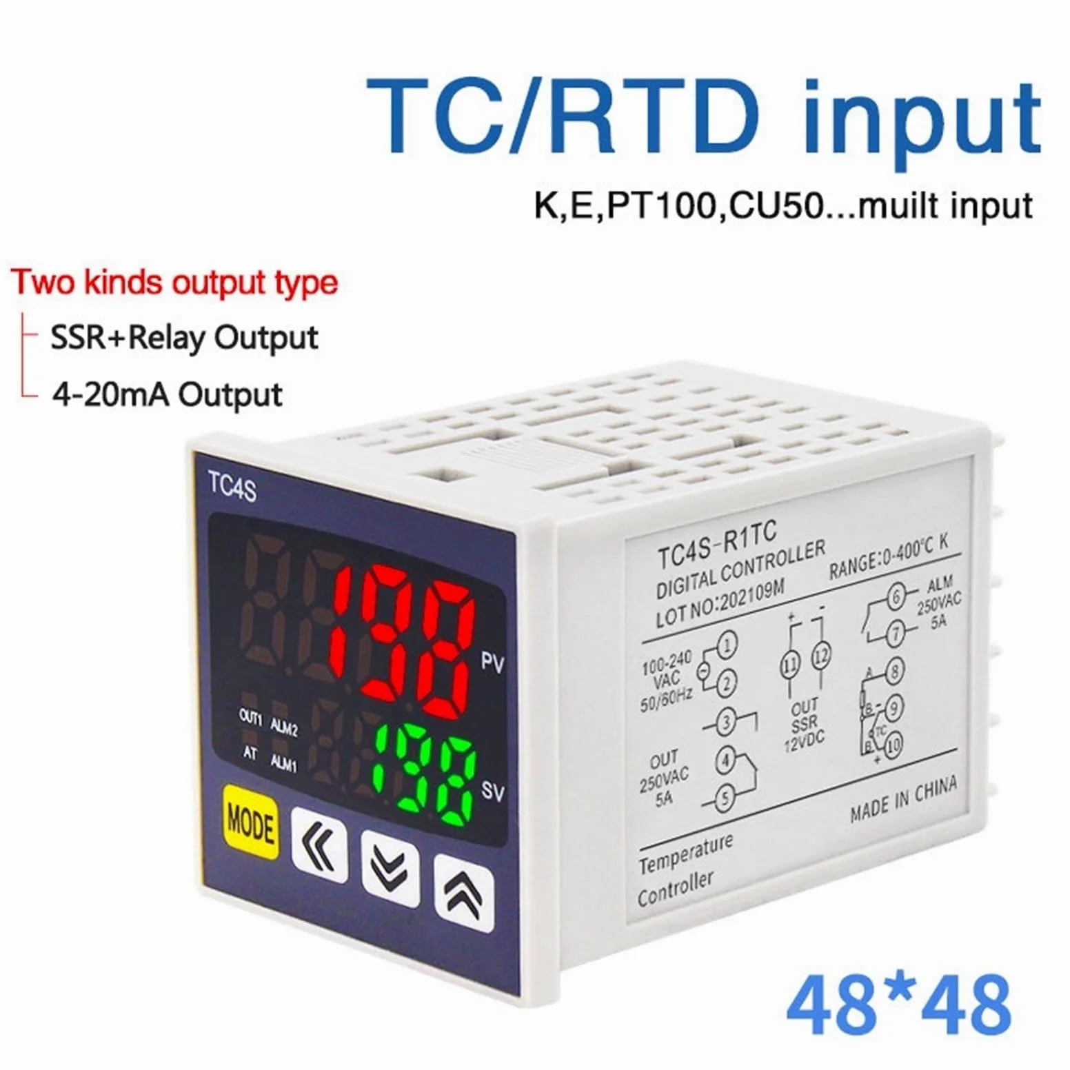 1 Uds. Controlador de temperatura PID TC4S 4-20mA SSR salida de relé regulador PID tipo K instrumento Digital de entrada múltiple 48*48(Relay OPT 2ALM)