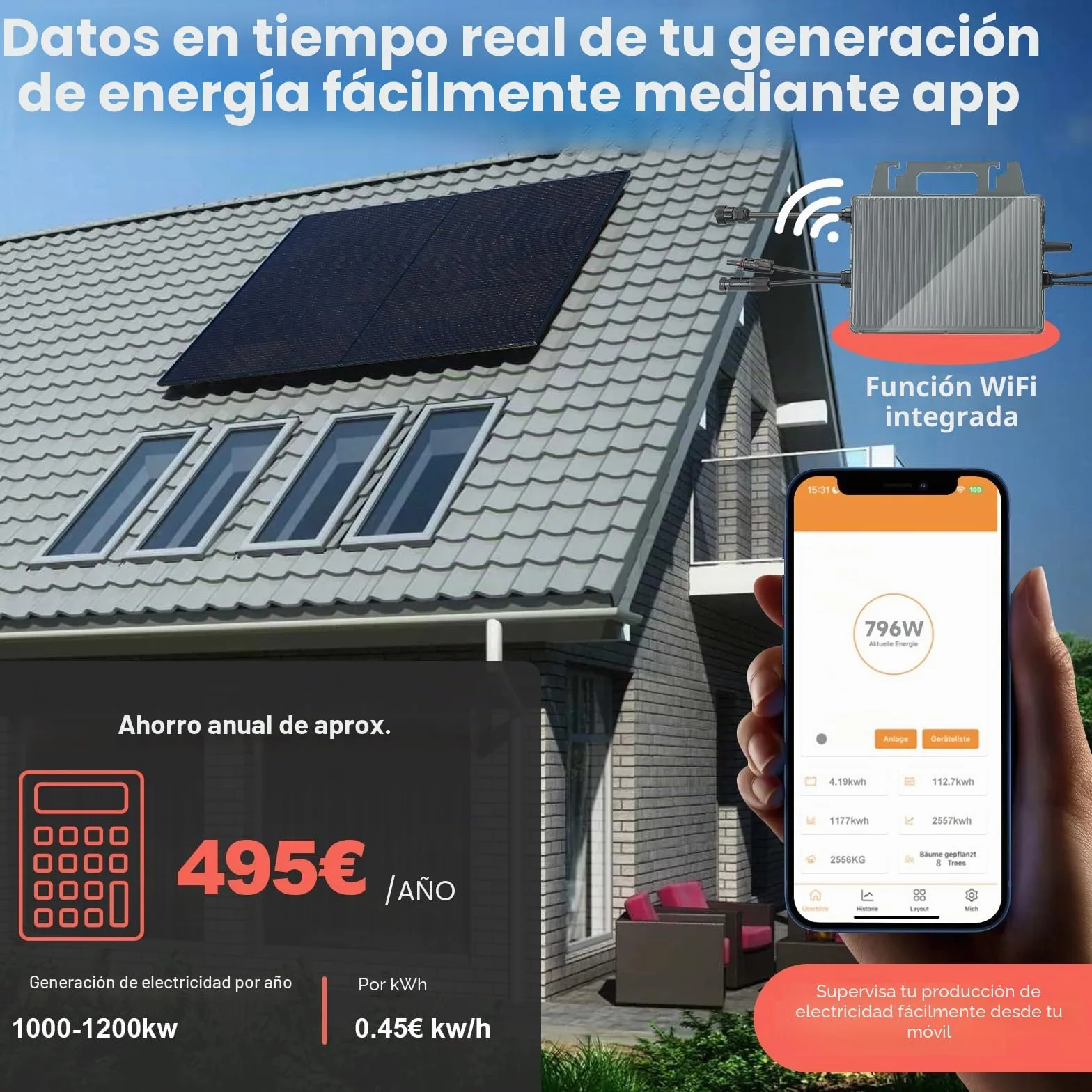 Panel solar "plug and play" (enchufar y listo) de 800 W, completo, de 1000 W, kit solar de autocensuro, 2 paneles solares de 405 W, 1 inversor de 600/800 W, 1 cable de 5 m, monitorización wifi