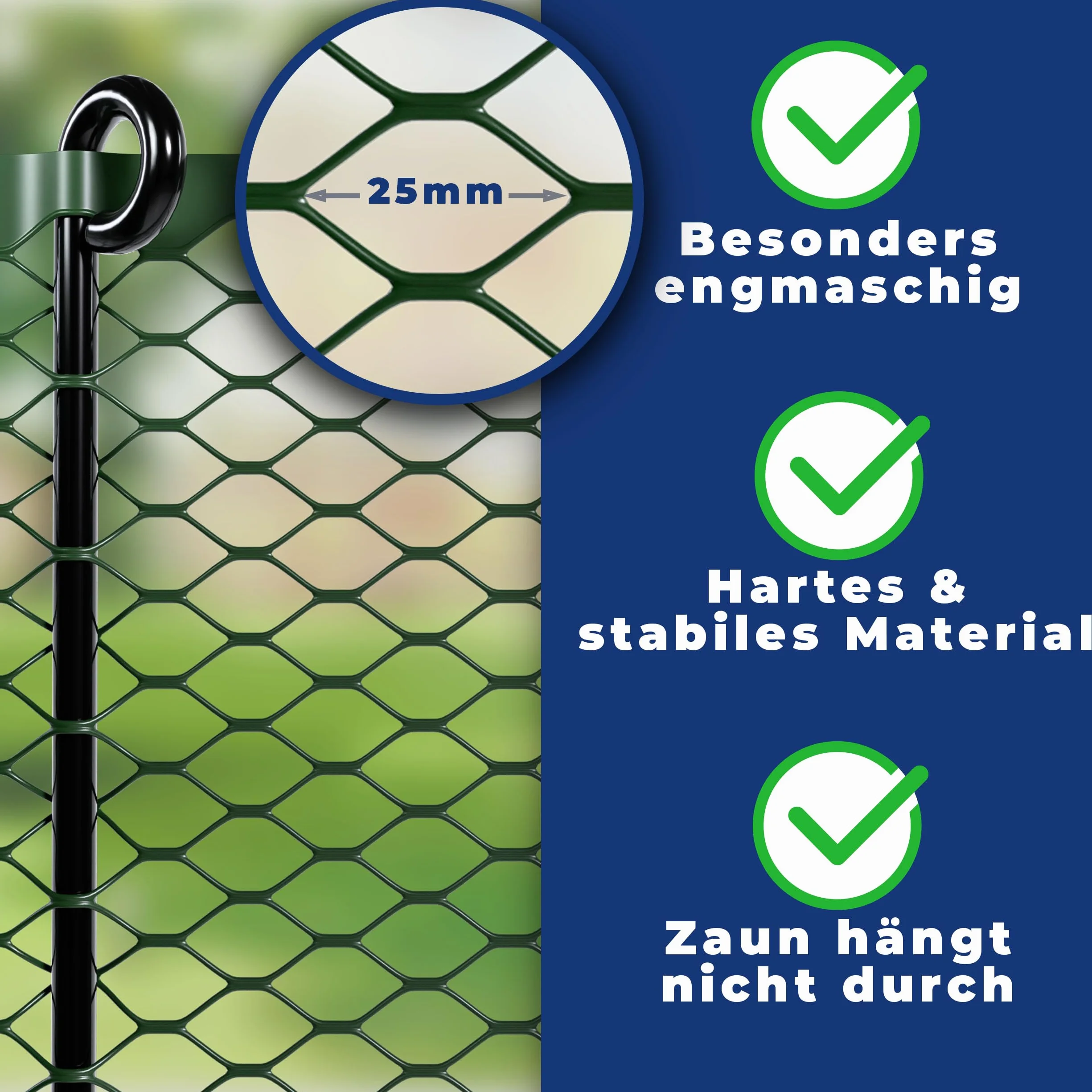 Valla de pollo I 90 cm de alto I 25 m de largo I La valla para perros o animales pequeños es especialmente estrecha, estable, sin flacidez, 20 x fijaciones, valla para perros, jardín, verde
