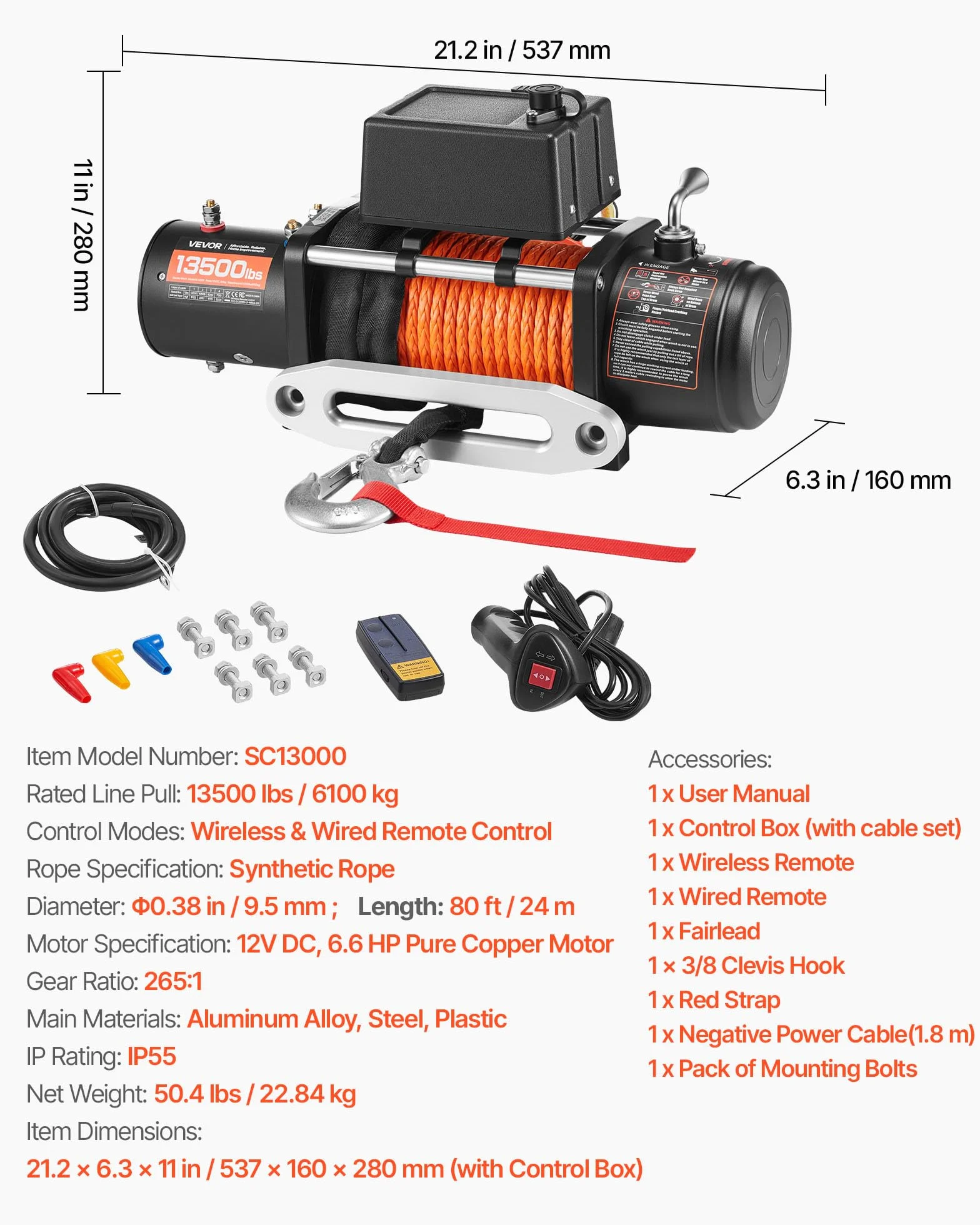 VEVOR Cabrestante Eléctrico 6123 kg 12 V CC Cuerda Sintética Guía de Cable Control Remoto Inalámbrico y por Cable Impermeable IP55 para Remolcar SUV Todoterreno, Jeep, Camión, Remolque, Barco