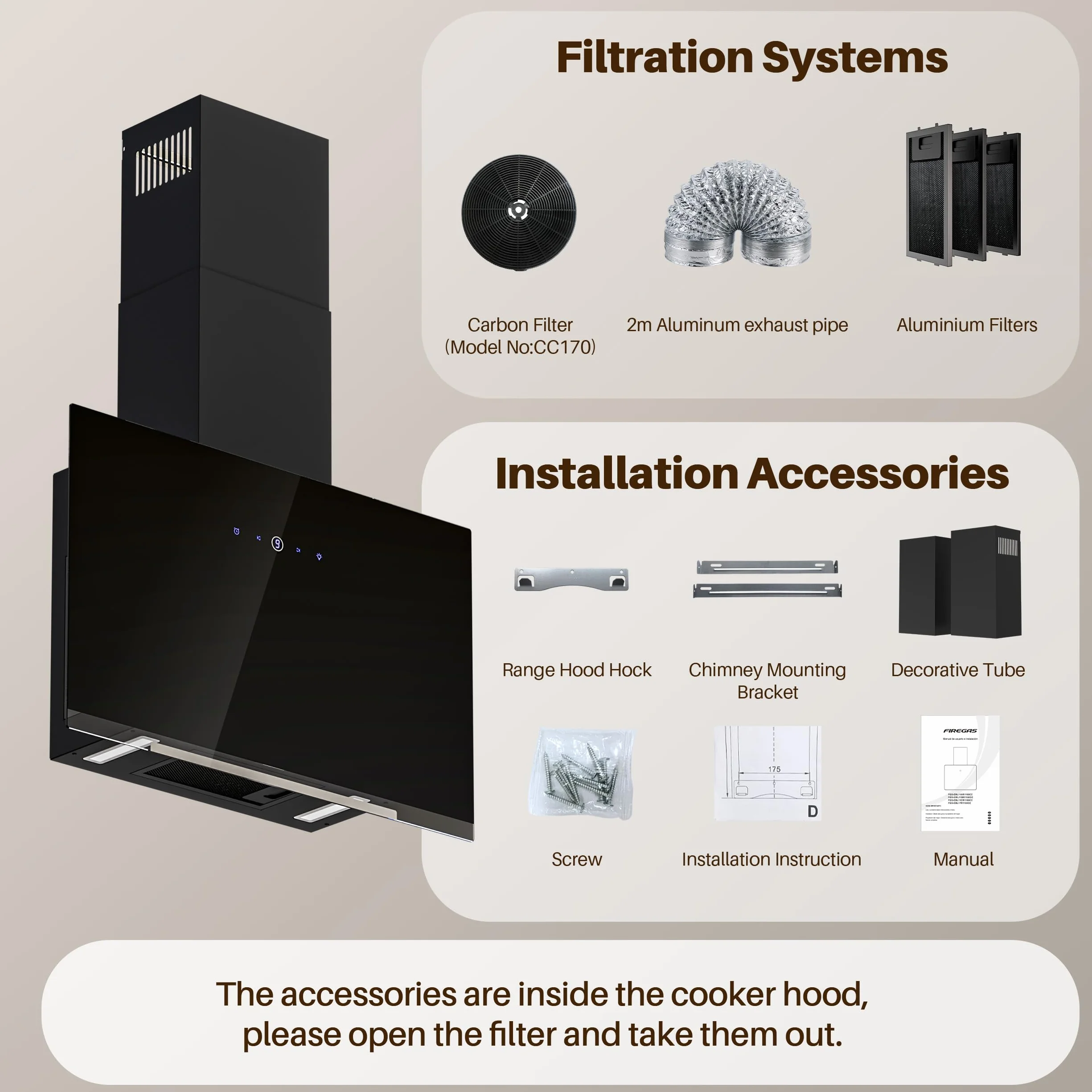 FIREGAS Campana Extractora 60cm 487m³/h Control Táctil 9 Velocidades LED Cristal Negro