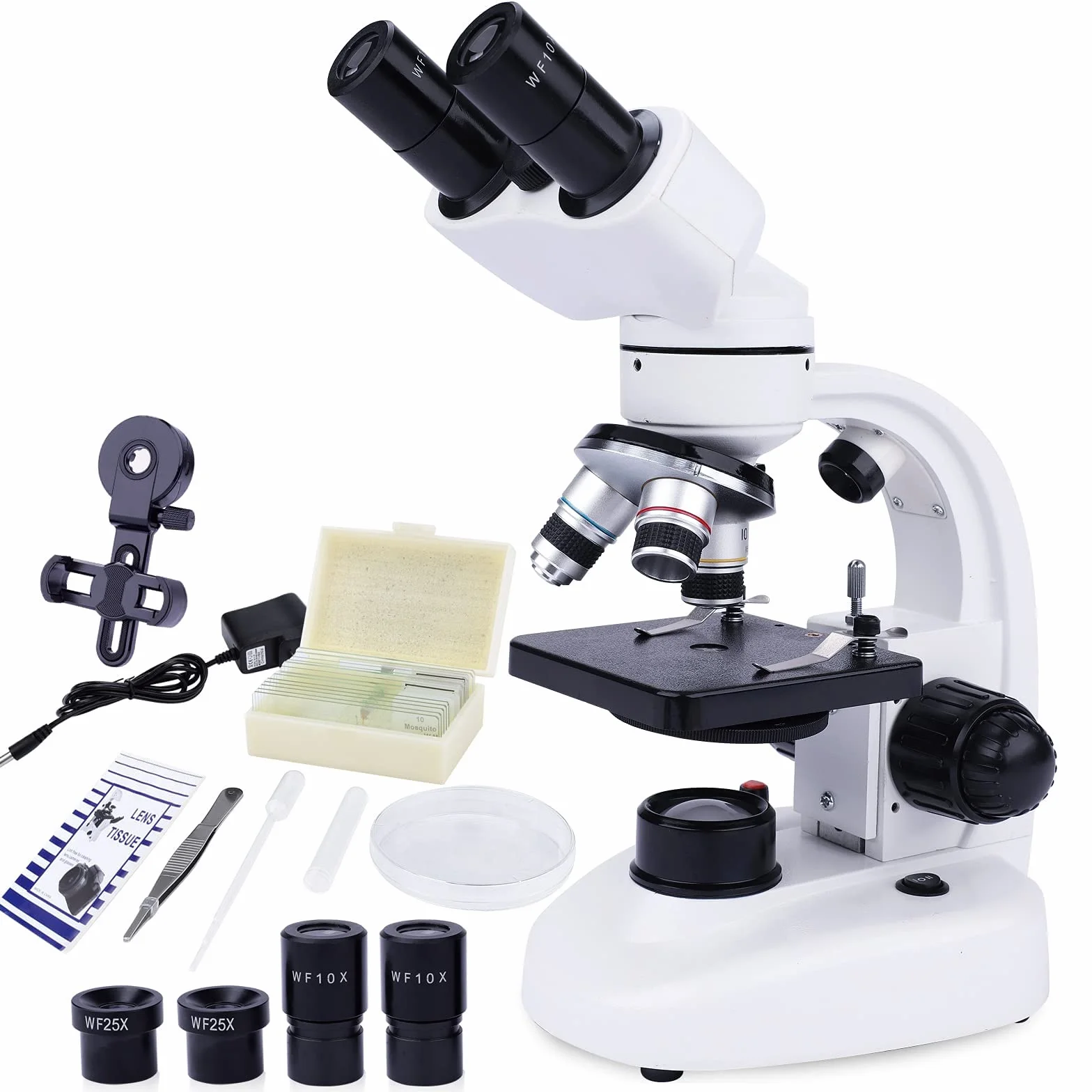 Microscopio Binocular para Niños y Adultos - Juego de Microscopio Junior 40x-1000x - Iluminación LED para luz Transmitida y Reflejada