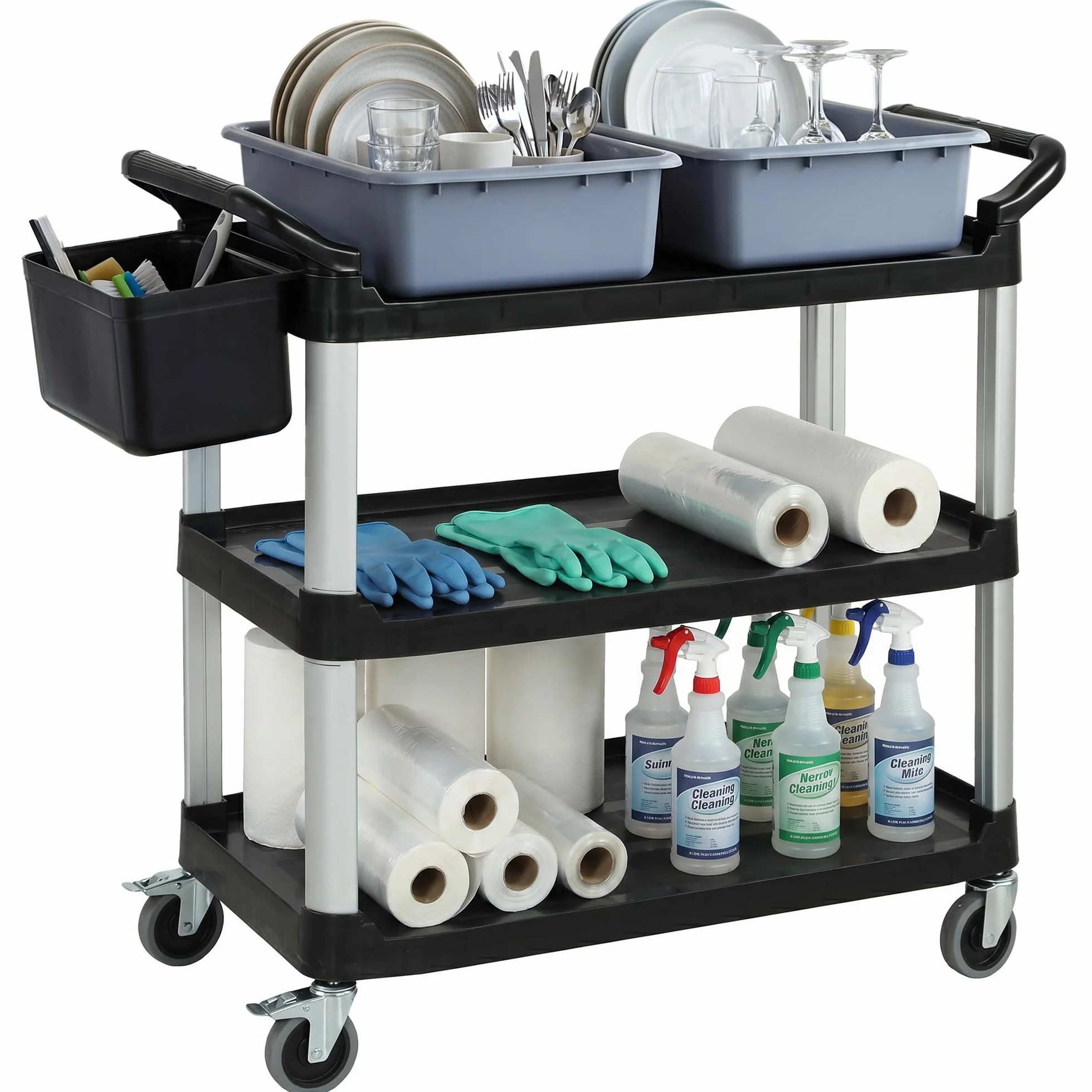 HOMCOM Carro de Limpieza con Ruedas, Carro de Servicio con 3 Estantes, 2 Contenedores y Cubo Lateral Colgante, Estructura de Aluminio, Carga 100 kg, 115x50x100 cm, Negro