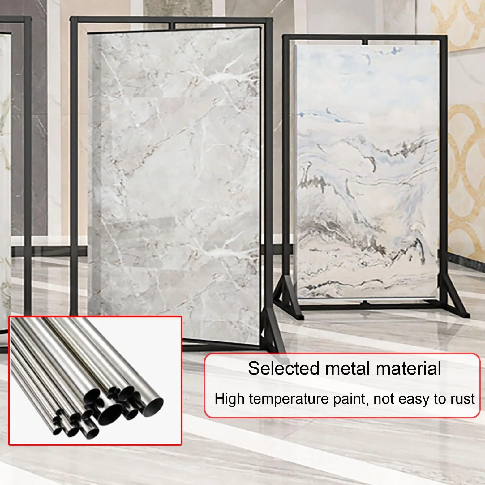 Estante de exhibición de azulejos de metal, soporte giratorio de doble cara para muestras de materiales de construcción, ideal para salas de exposiciones y organización de suelos