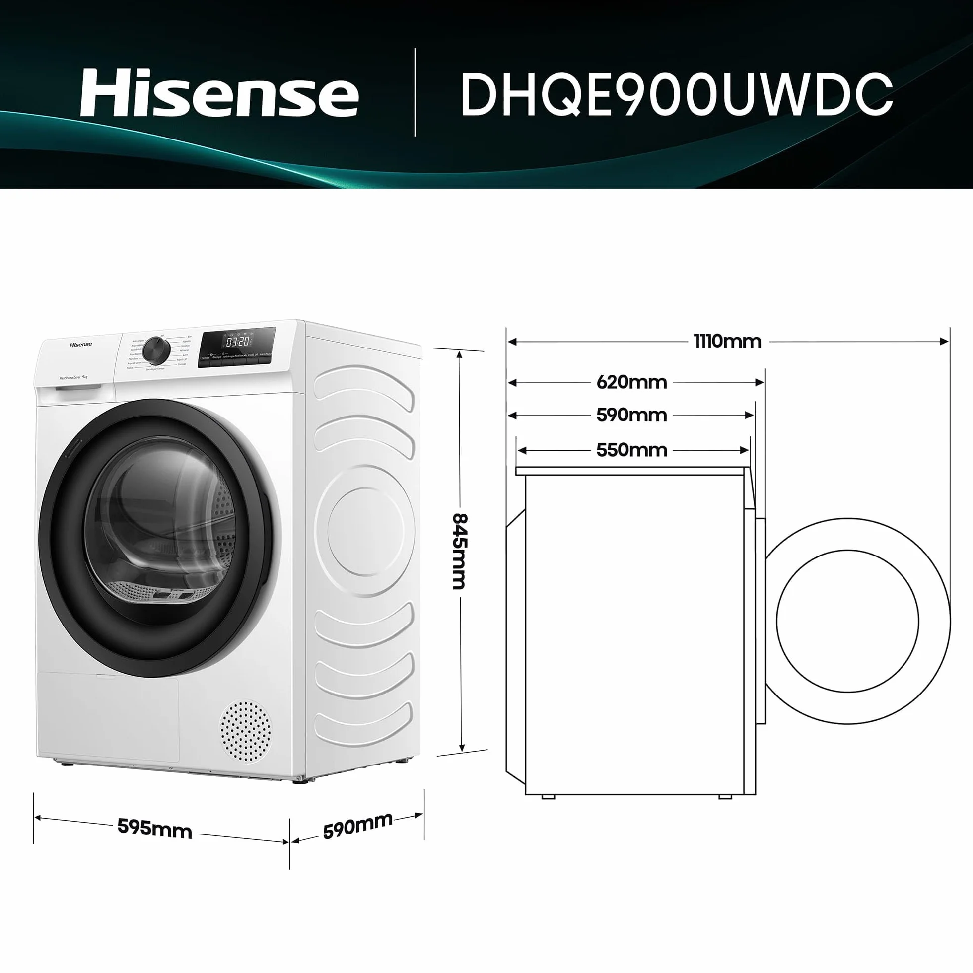 Hisense DHQE900UWDC Secadora bomba de calor 9Kg Clase D 59,5cm 84,5cm 55cm Blanco