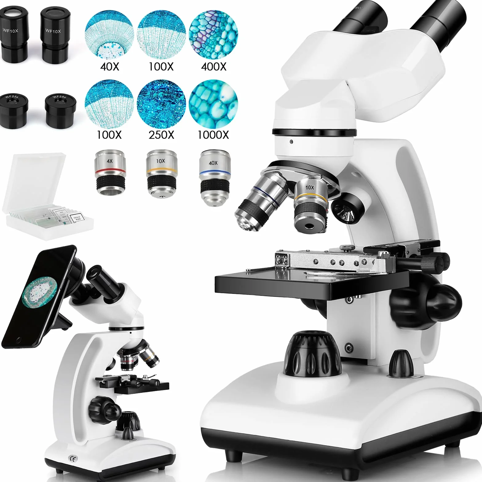 Microscopio Binocular 40X-1000X Etapa Mecánica Doble Capa Soporte Teléfono Móvil Laboratorio Investigación