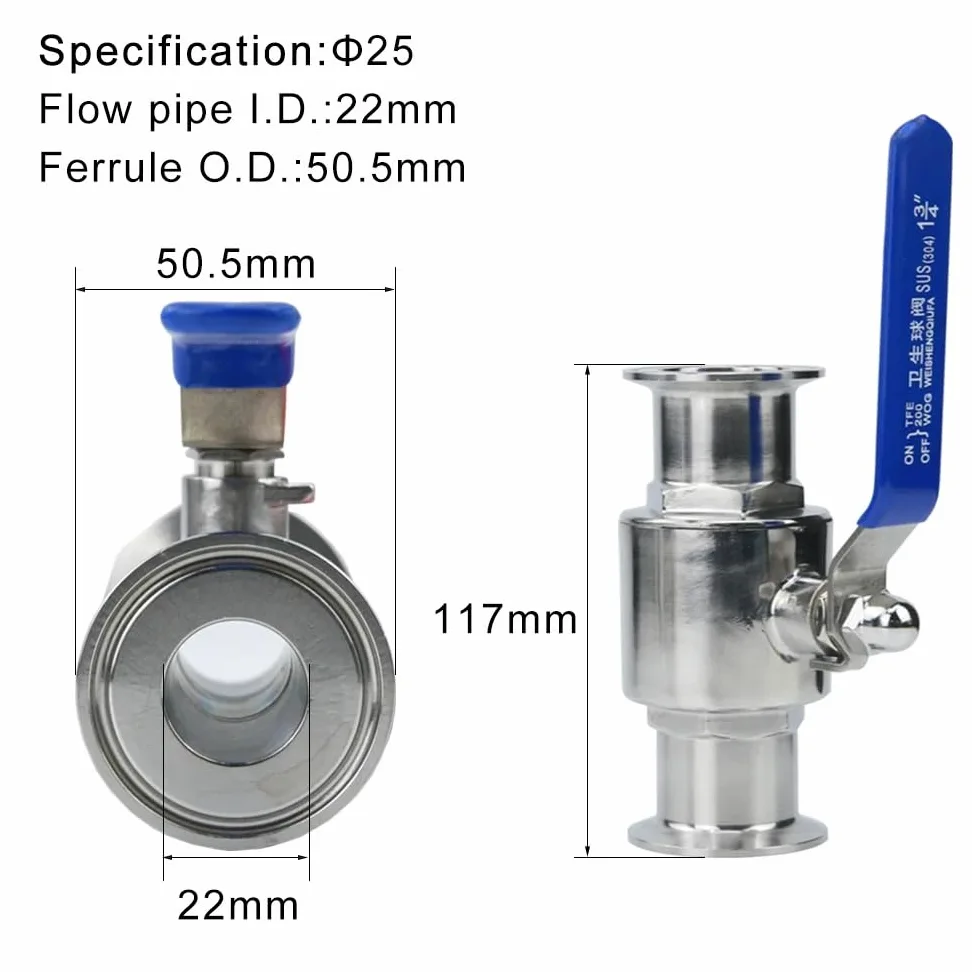 Llave De Paso Agua Válvula De Bola Sanitaria De Acero Inoxidable 304 De 19 Mm, 3/4", 1", 1-1/2", 2", Tipo Tri Clamp, Casquillo De 50,5 Mm/64 Mm(25mm x Ferrule 50.5)