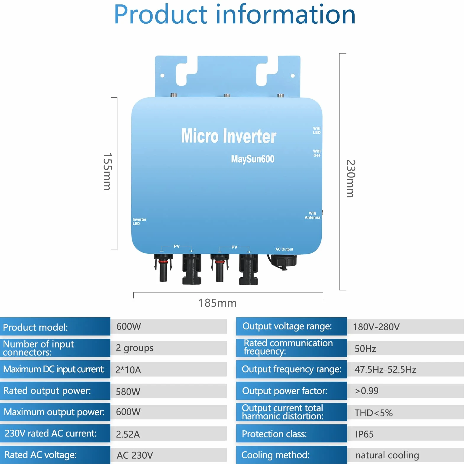 DEWIN Micro Inversor, Microinversor Solar MPPT Grid Tie Inverter 600W DC20V-60V Salida de onda sinusoidal pura con función WiFi Enchufe UE 230V