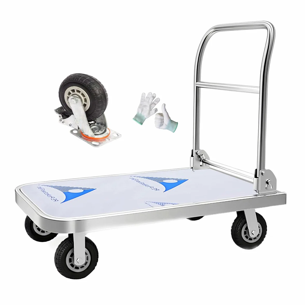 Carrito INOX Plegable 400 kg, Carro de Transporte con Plataforma de Carga Pesada de Acero Inoxidable, Ruedas giratorias 360° (15 cm) y Cama Plana 90x60 cm, Ideal para almacenes y talleres