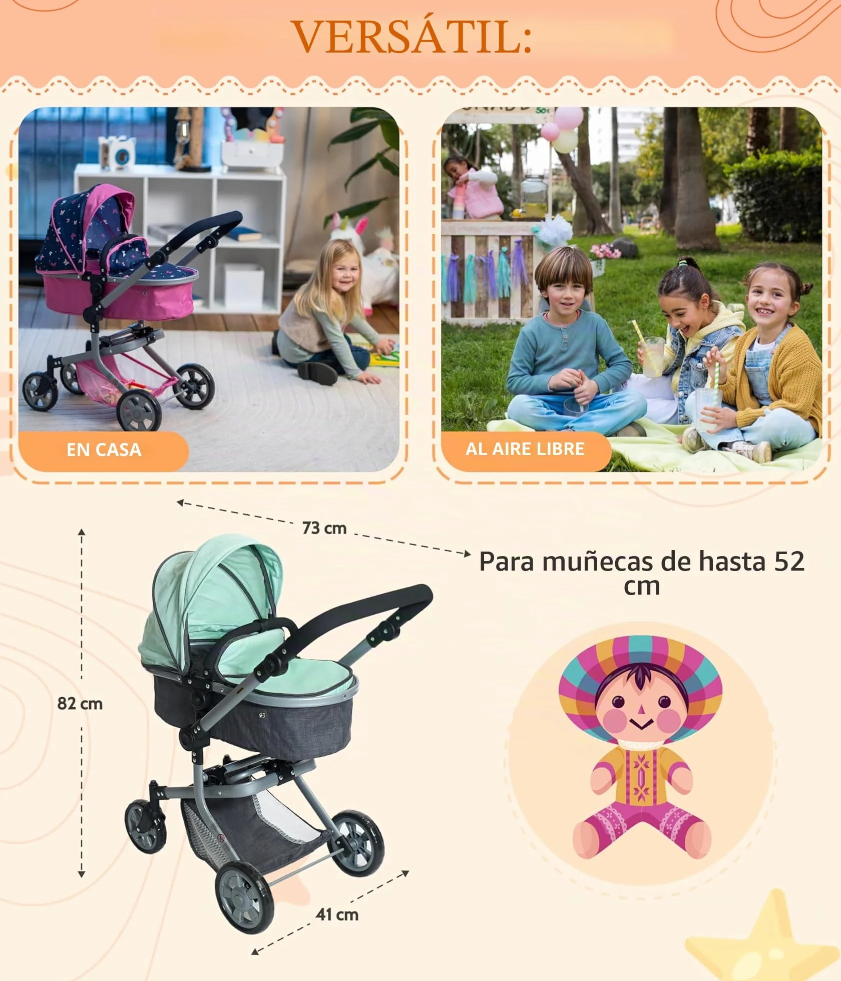 Bayer Chic 2000 Cochecito de muñecas Mika 2 en 1 para muñecas de hasta 52 cm Menta Melange
