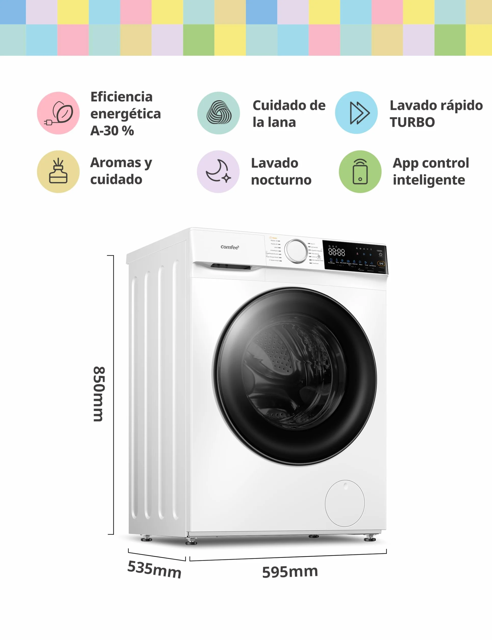 COMFEE' Lavadora 10kg 1400 RPM Clase A-30% 14 programas Control remoto
