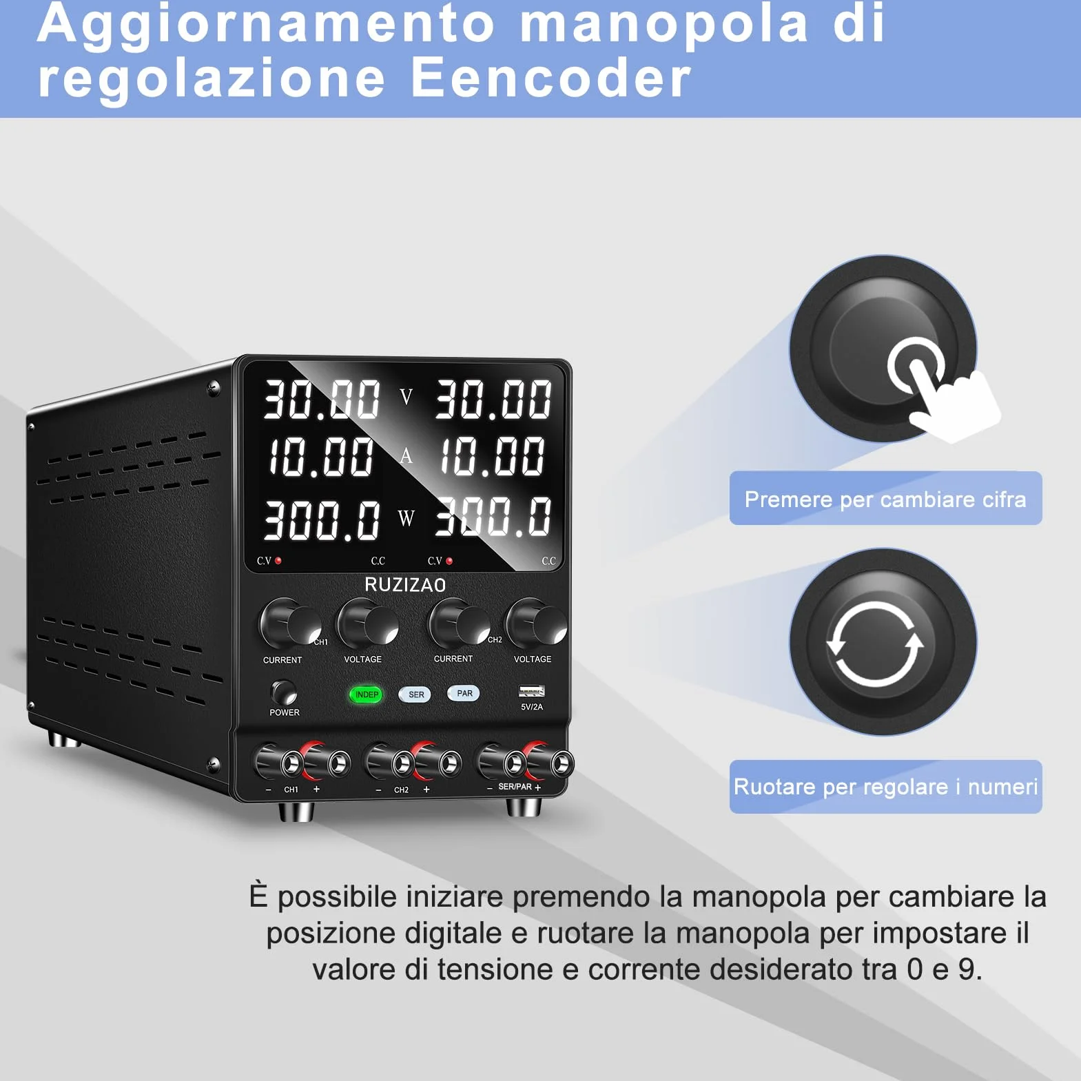 4 en 1 Fuente de Alimentación 30V 10A, Corriente y Potencia de 4 Dígitos Conversión Serie/Paralelo 30V 20A/60V 10A Fuente de Alimentación de Alta Potencia Ajuste del Codificador