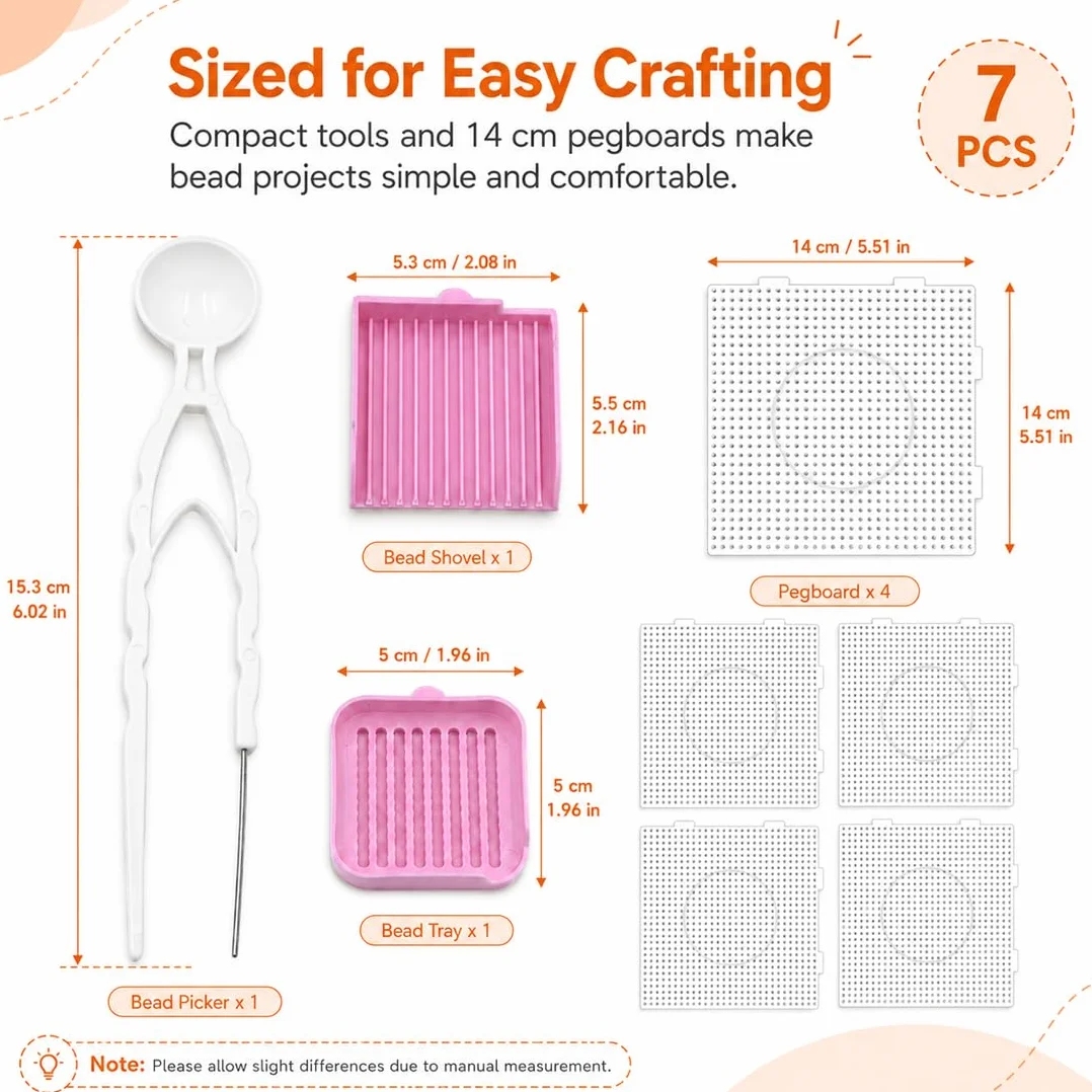 Pegboards Transparentes Resistentes al Calor para Perlas Hama 2,6mm 14,5×14,5cm con Pinzas Rosas, Espátula y Bandeja