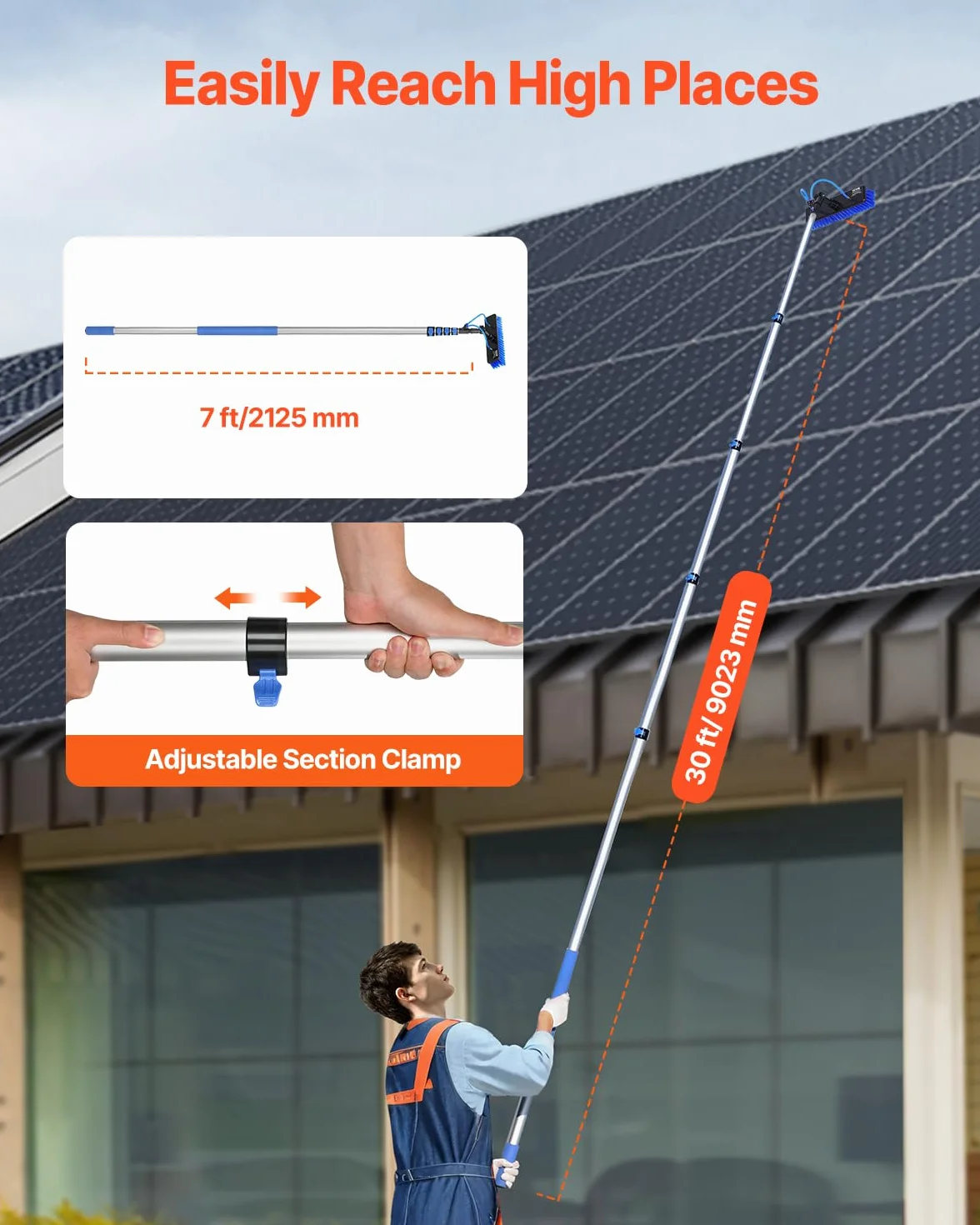 VEVOR Kit de Barra de Alimentación de Agua, Barra de Limpieza de Paneles Solares de 9 m con Mango Extensible, Cabezal de Cepillo Giratorio de 180° y Manguera de 20 m, para el Hogar y Exteriores
