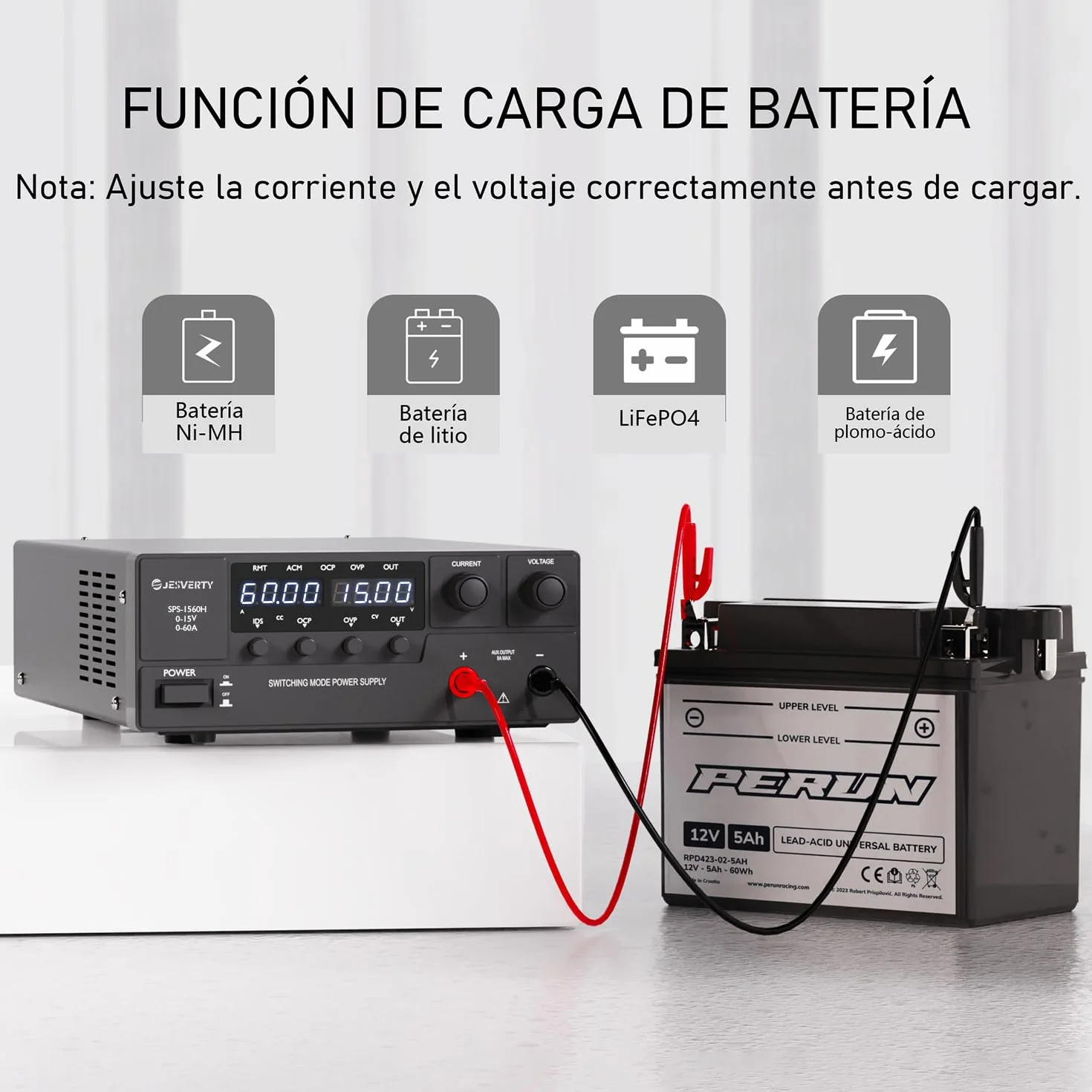 Fuente de Alimentación Regulable, 0-15V 0-60A Conmutación de CC regulada Fuente de alimentación de banco con mando codificador, interruptor de encendido/apagado de salida, OVP y OCP Jesverty SPS-1560H