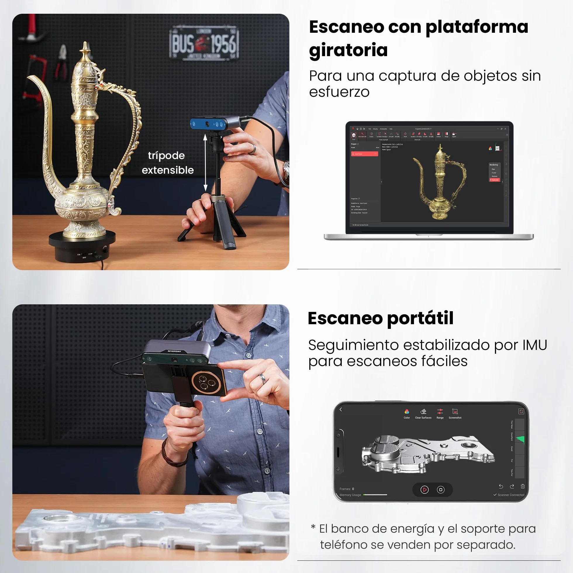 Revopoint INSPIRE 3D Scanner para impresión 3D portátil, escáner de modelo 3D con velocidad de escaneo de hasta 18FPS y precisión de 0.2mm, escaneo en color completo compatible con Android/iOS/Mac/Win