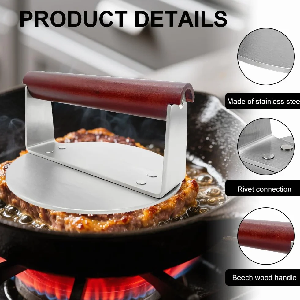 Burger Smasher - Prensa para hamburguesas (21,5 cm, 1,15 kg, acero inoxidable, mango de madera, para carne, hamburguesas, carne, tocino, salchichas, accesorios profesionales para barbacoa (15,2 cm)