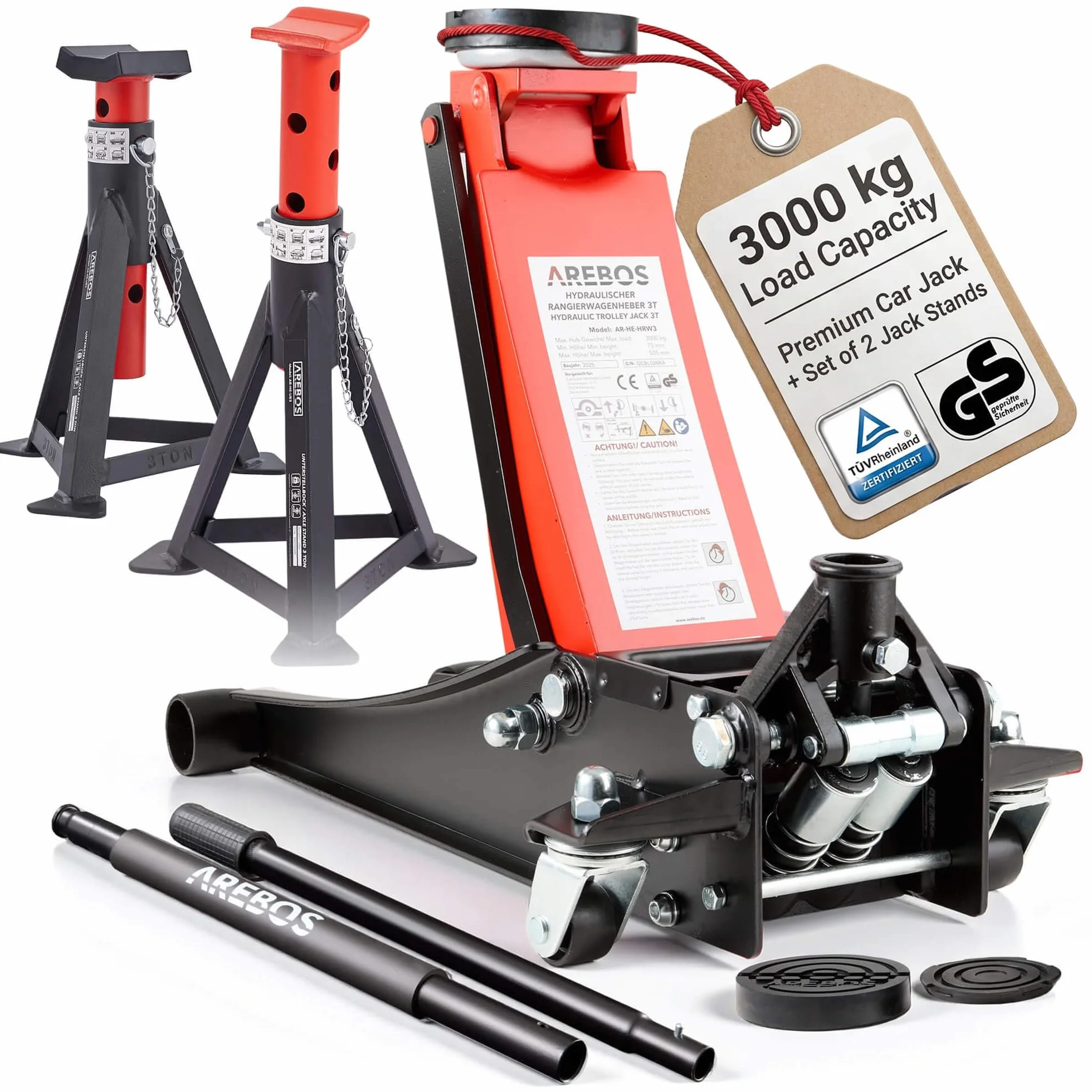 Arebos Gato hidráulico Plano 3T | 2 Soportes | 3 toneladas de Capacidad de Carga | 2 Soportes | Gato para Taller y aficiones | Gato para automóviles