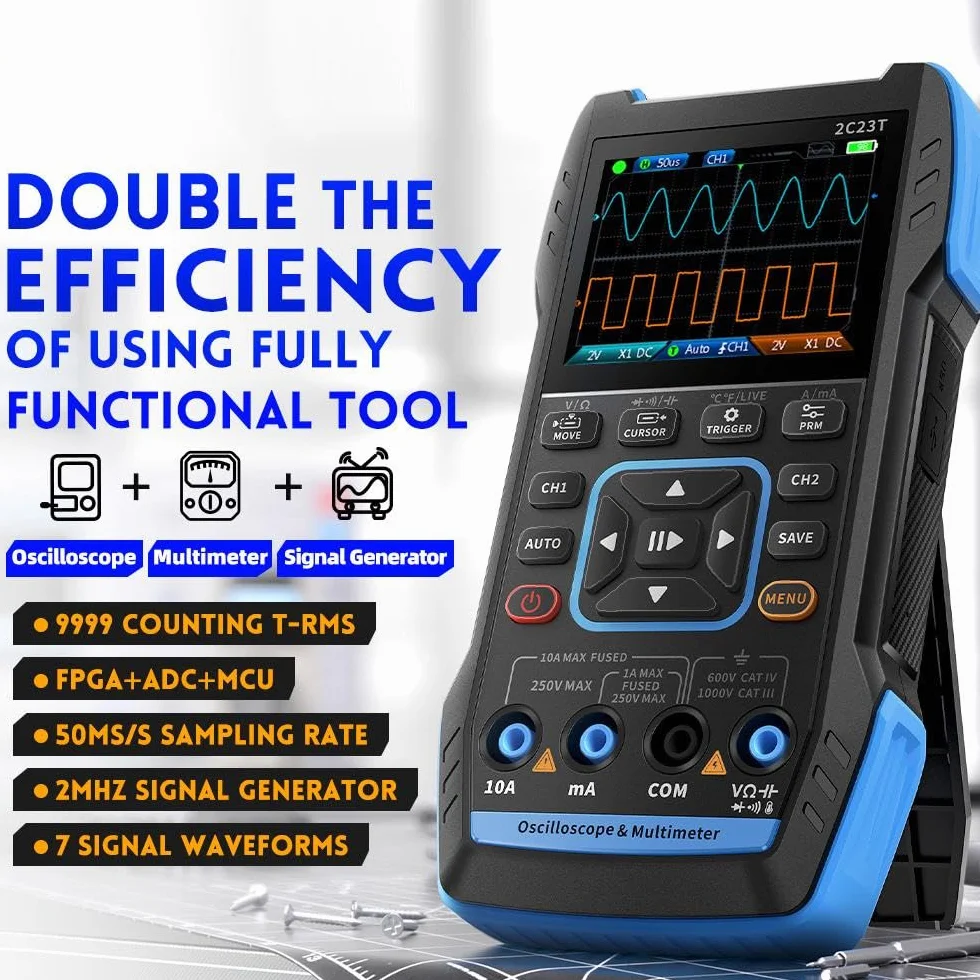 Jadeshay Osciloscopio Digital,Osciloscopio Portátil 3 en 1 Kit de Osciloscopio con Ancho de Banda 10 kHz Prueba de Transistor,9999 Contar Multímetro y Generador de Señal de Salida Cuadrada PWM Funcion