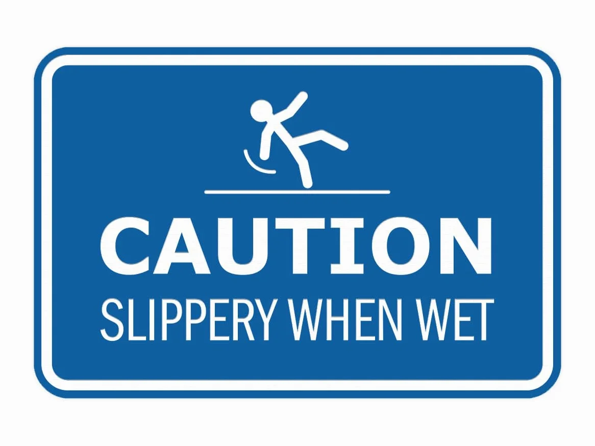 Signs ByLITA Señal de advertencia enmarcada clásica con texto en inglés "Precaution: Slippery When Wet Door or Wall Sign" de fácil instalación, salud y seguridad, construcción y advertencia (azul) -