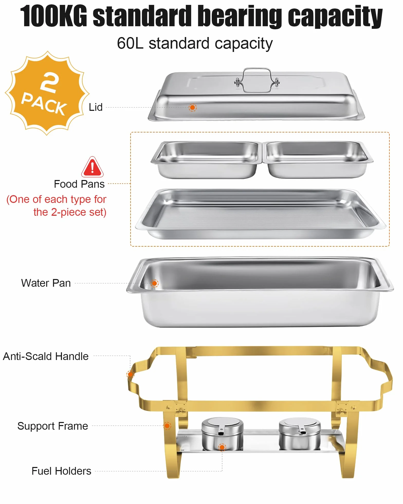 Chafing Dish Buffet Set 9L Acero Inoxidable Oro Plata Acabado Espejo Borde Enrollado Calentador Alimentos Catering