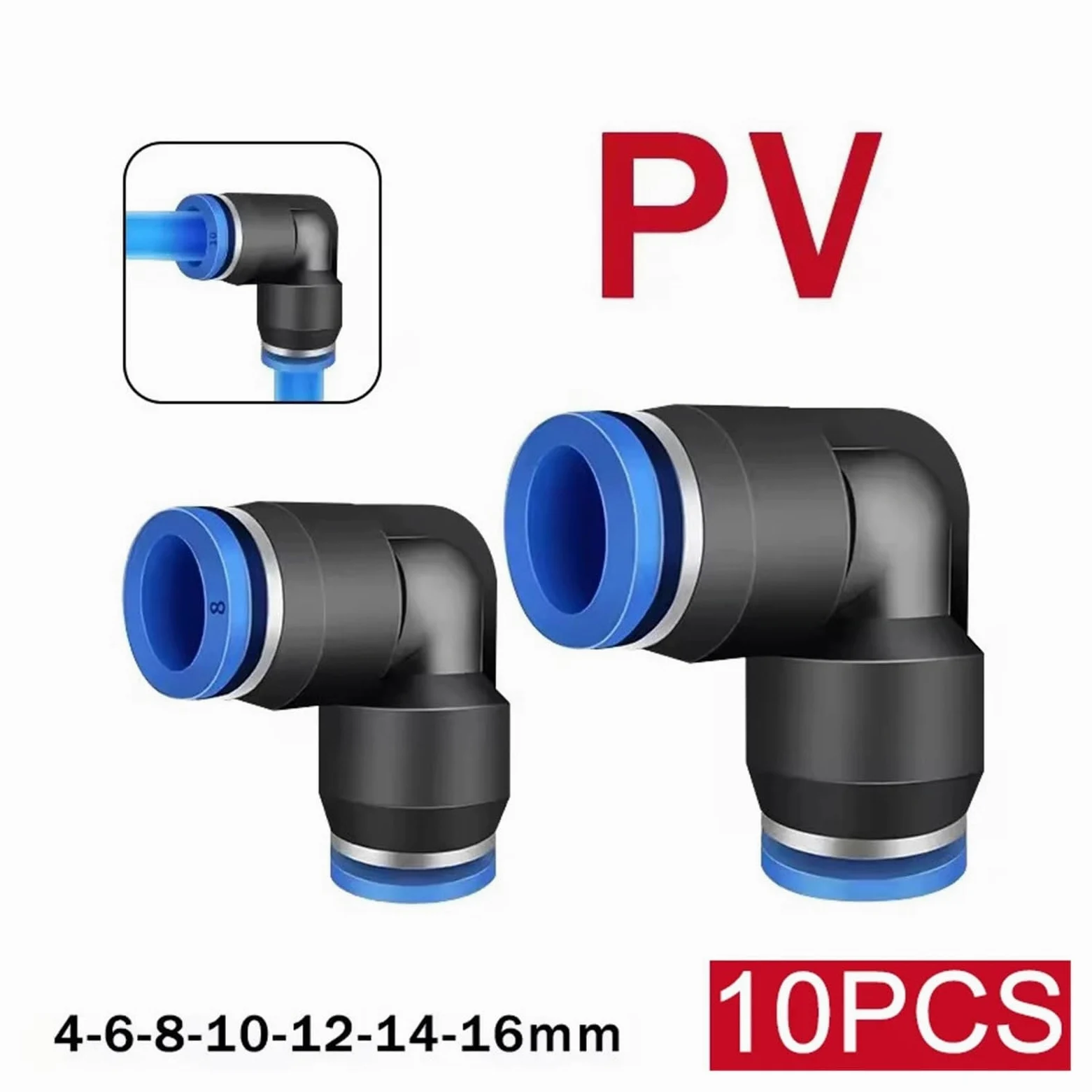 10Uds Codo Push-in 4-10mm Rácor Neumático | Codo a presión, 4-10 mm, neumático, conector rápido, 10 piezas(PV-12,50 PCS)