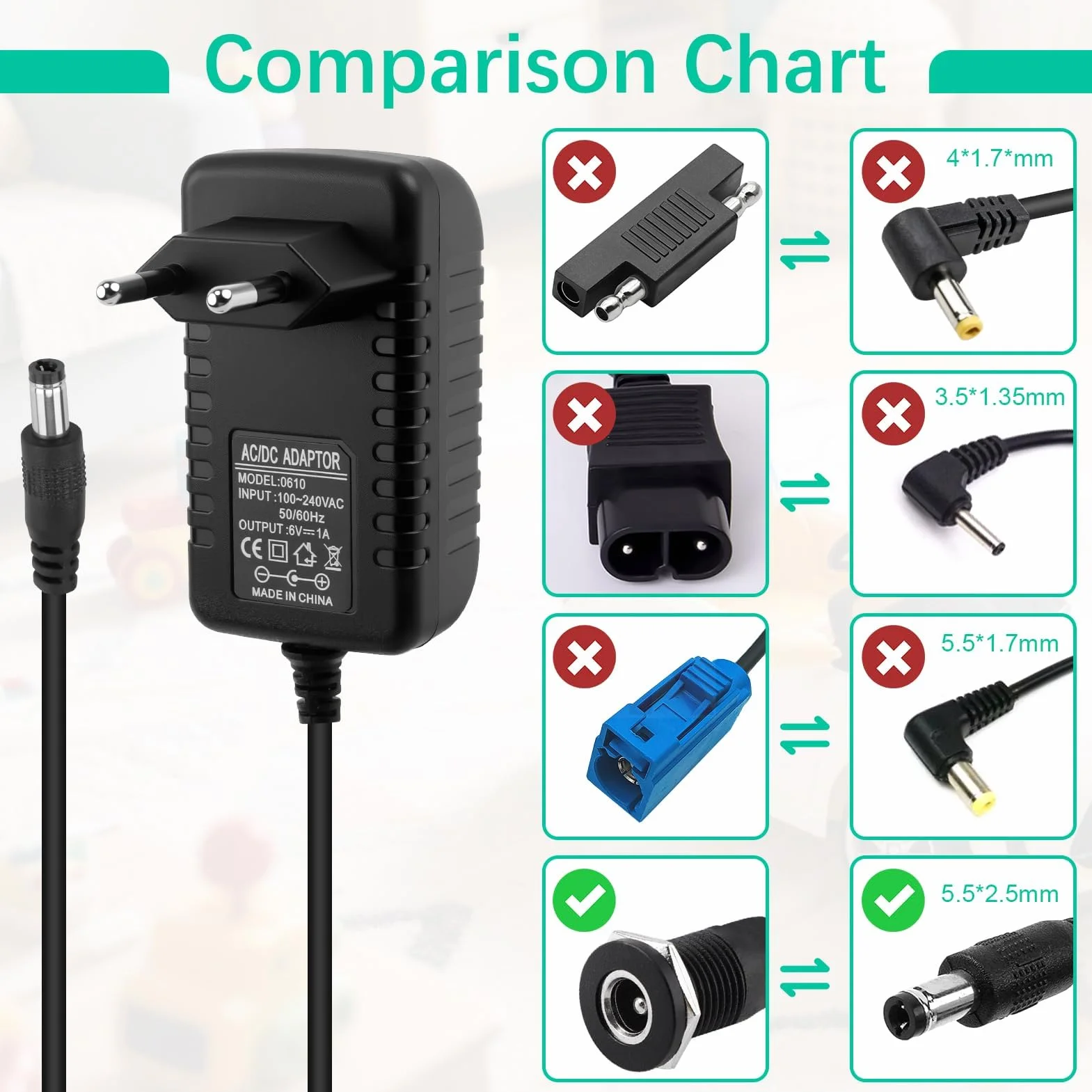 Cargador de Vehículo Eléctrico para Niños 6V 1A Conector 5,5 mm * 2,5 mm