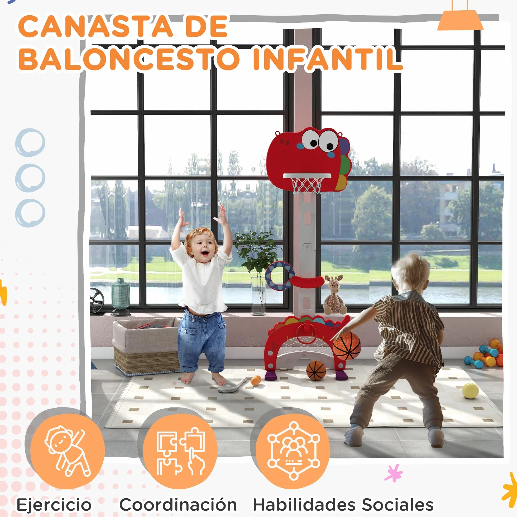 AIYAPLAY Canasta de Baloncesto Infantil 5 en 1 Altura Ajustable con Fútbol Golf Lazo Juego de Lanzamiento de Pelota Rojo