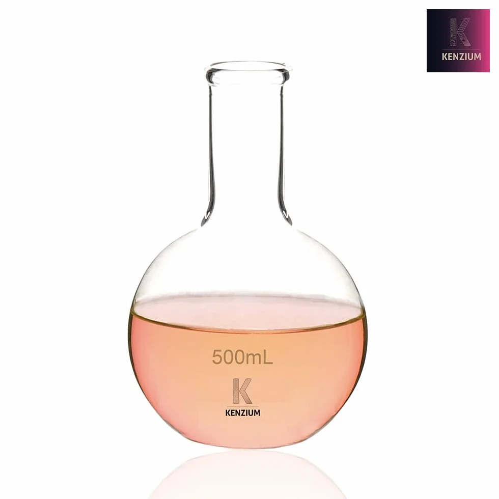 KENZIUM – 2 x Matraz Esférico de Fondo Plano | 1 x 250 ml & 1 x 500 ml | Vidrio Borosilicato 3.3 | Cuello Estrecho | Alta Resistencia, Ideal para Ebullición y Uso en Laboratorio