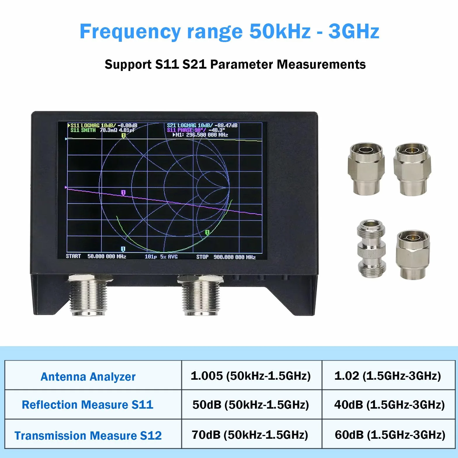 AURSINC NanoVNA SAA-2N V2.2 Analizador vectorial de redes, 50KHz-3GHz 4" Pantalla táctil HF VHF UHF Analizador de antenas VNA, Medición de parámetros S, dúplex, VSWR, fase, retardo