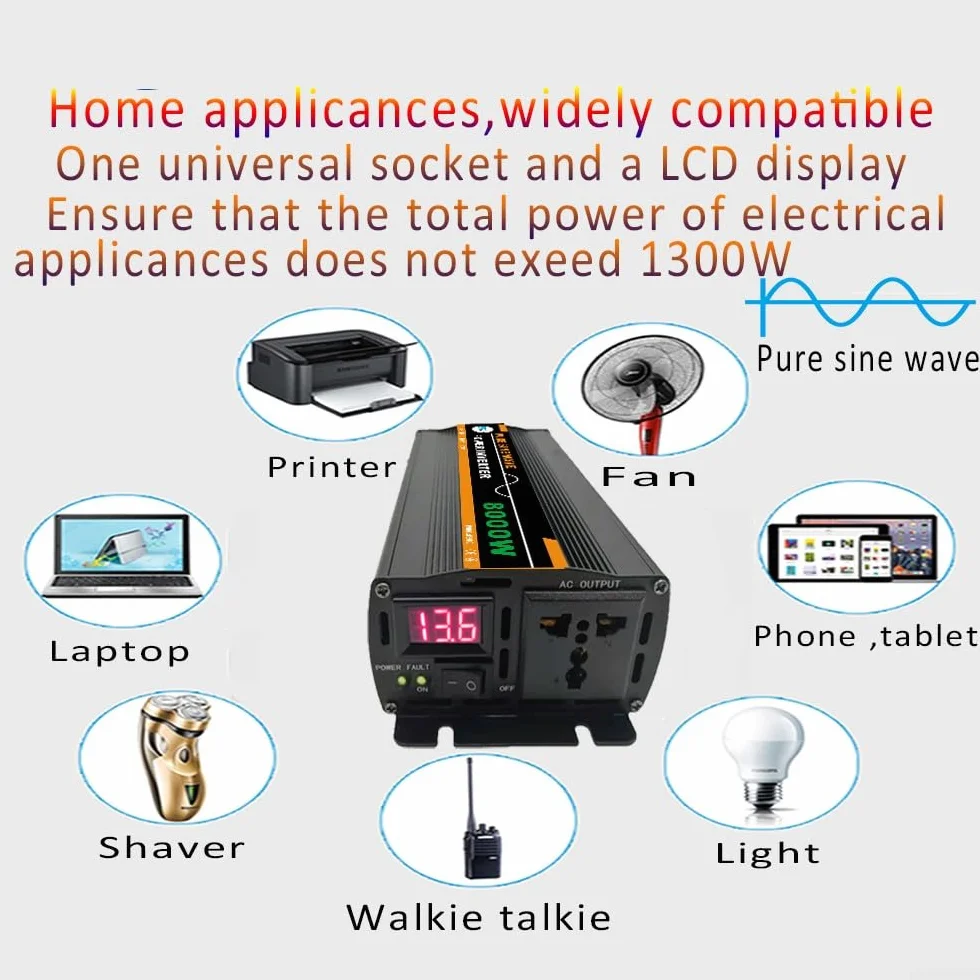 Inversor de corriente de onda sinusoidal pura de 8000 W CC 12 V o 24 V a CA 220 V para panel solar, para el hogar, actividades al aire libre, caravanas o camping (24 V y 220 V)