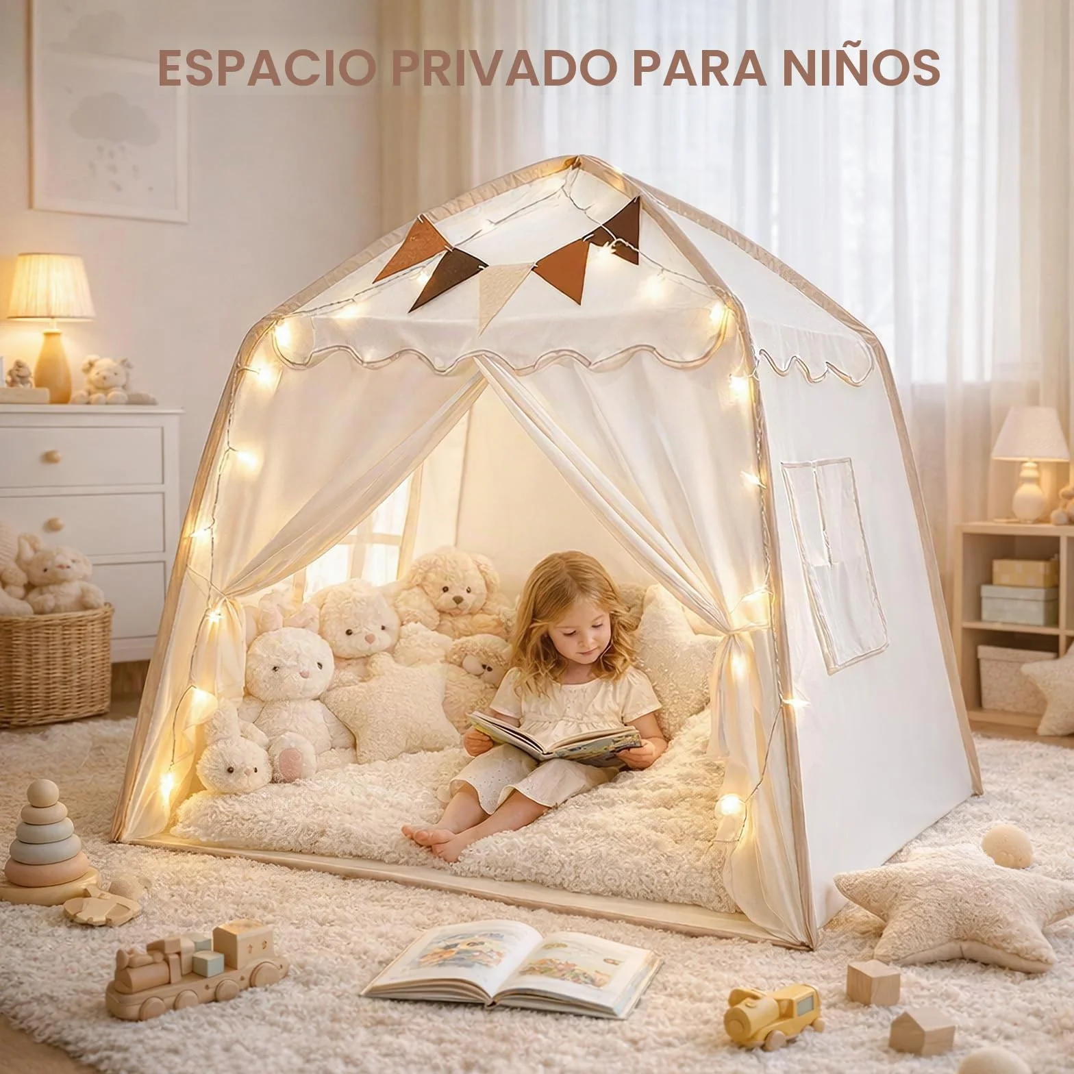 Tienda Campaña Infantil Tipi Cabañas para Niños con Luces y Banderas Casa de Juegos Carpa de Princesa Grande Regalo con Ventanas