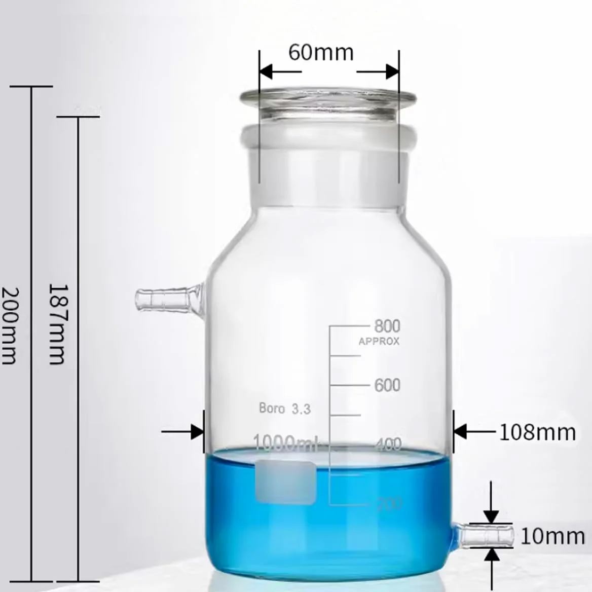 Botella de reactivo de desviación de vidrio de borosilicato, botella de almacenamiento de vidrio transparente de boca ancha, con tapón de vidrio esmerilado y dos cabezas de pagoda. (1000ML)
