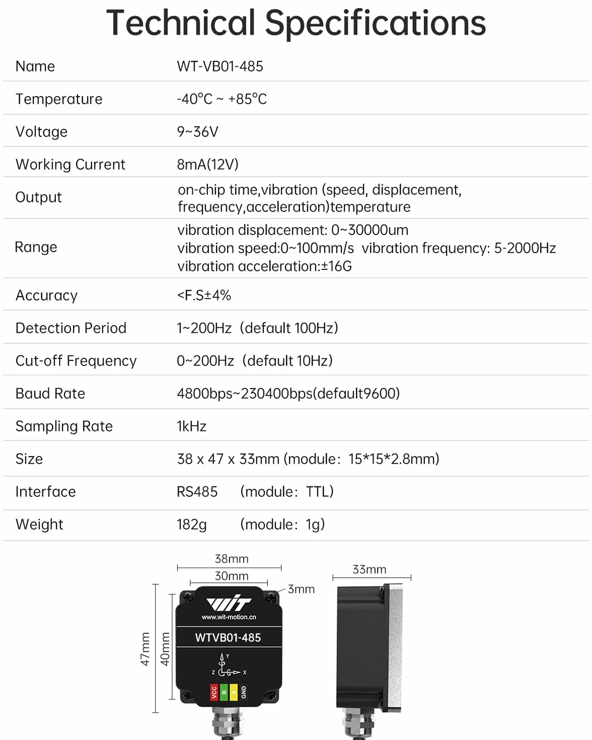 [Sensor de Vibración Modbus RS485] WTVB01-485, transductor impermeable IP68, detector de vibración de aceleración y velocidad angular de 9 ejes, módulo de monitorización de motores.