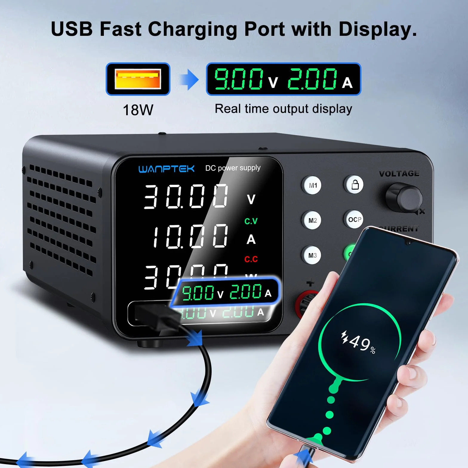 Fuente Alimentacion Regulable, Fuente Laboratorio 30V 10A Ajustable con 3 Memorias y Llave de Bloqueo, Protección OCP/Salidas/Carga Rápida USB con Pantalla