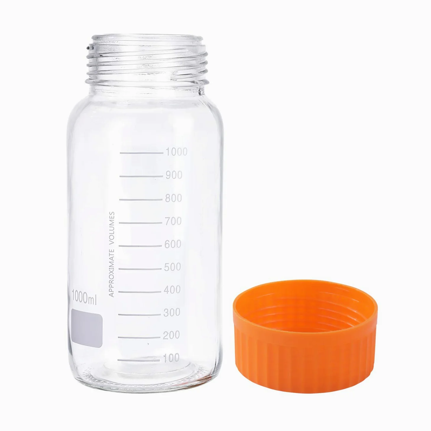 Pyrex - Paquete de 3 botellas de vidrio redondas graduadas de boca ancha de 1000 ml con tapón de rosca de polipropileno naranja GL80