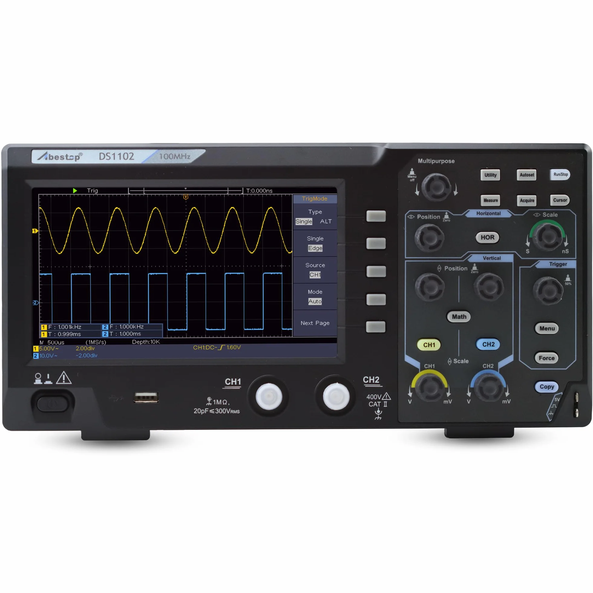 Osciloscopio de escritorio de 100MHz, osciloscopio de memoria de dos canales con pantalla TFT-LCD de 7", osciloscopio digital portátil ligero (DS1102)